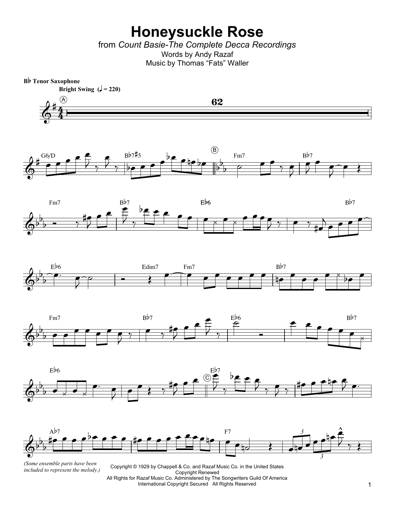 Lester Young Honeysuckle Rose Sheet Music Notes & Chords for Tenor Sax Transcription - Download or Print PDF