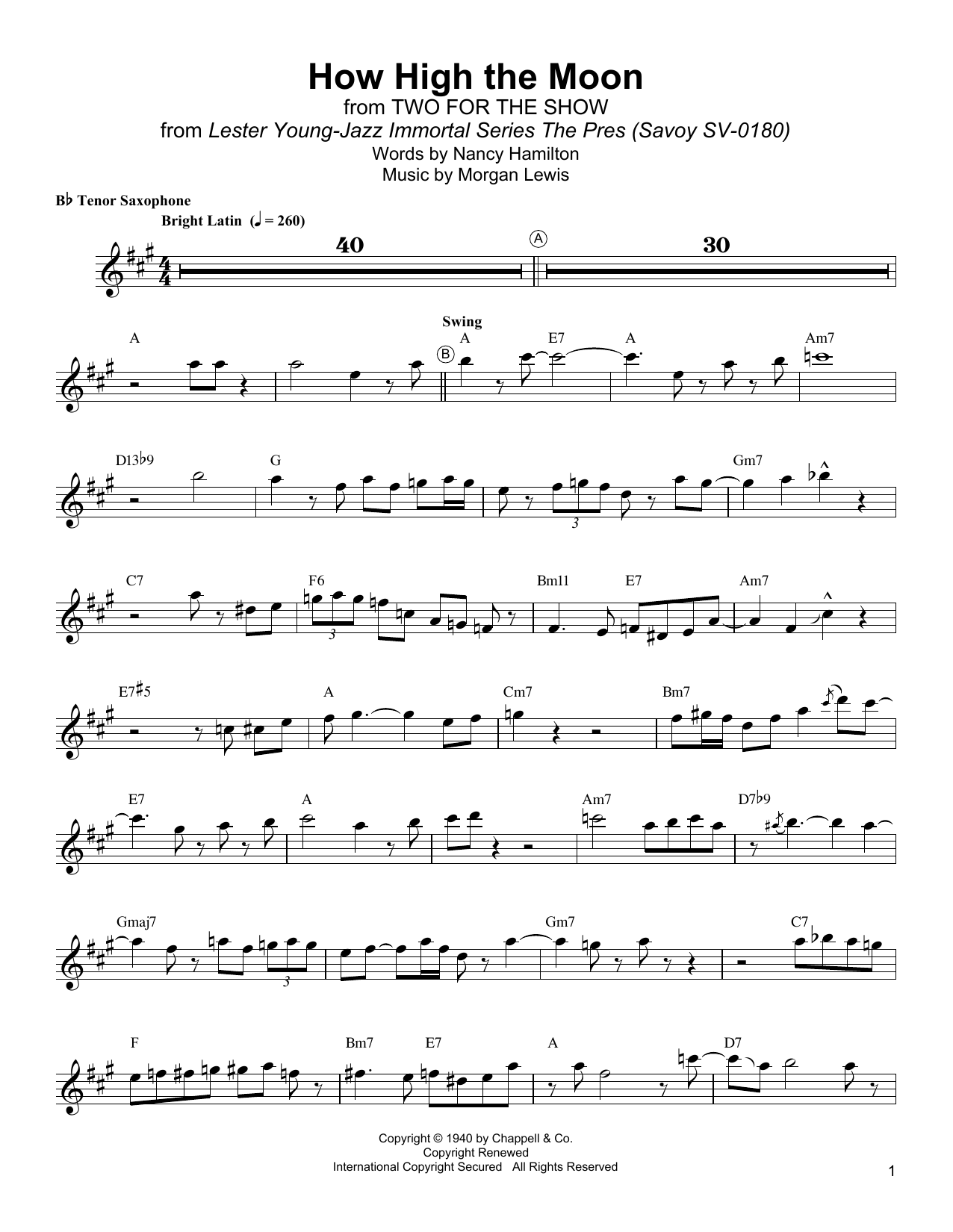 Lester Young How High The Moon Sheet Music Notes & Chords for Tenor Sax Transcription - Download or Print PDF