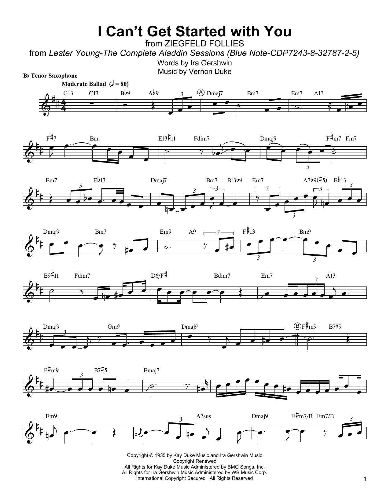 Lester Young I Can't Get Started Sheet Music Notes & Chords for Tenor Sax Transcription - Download or Print PDF