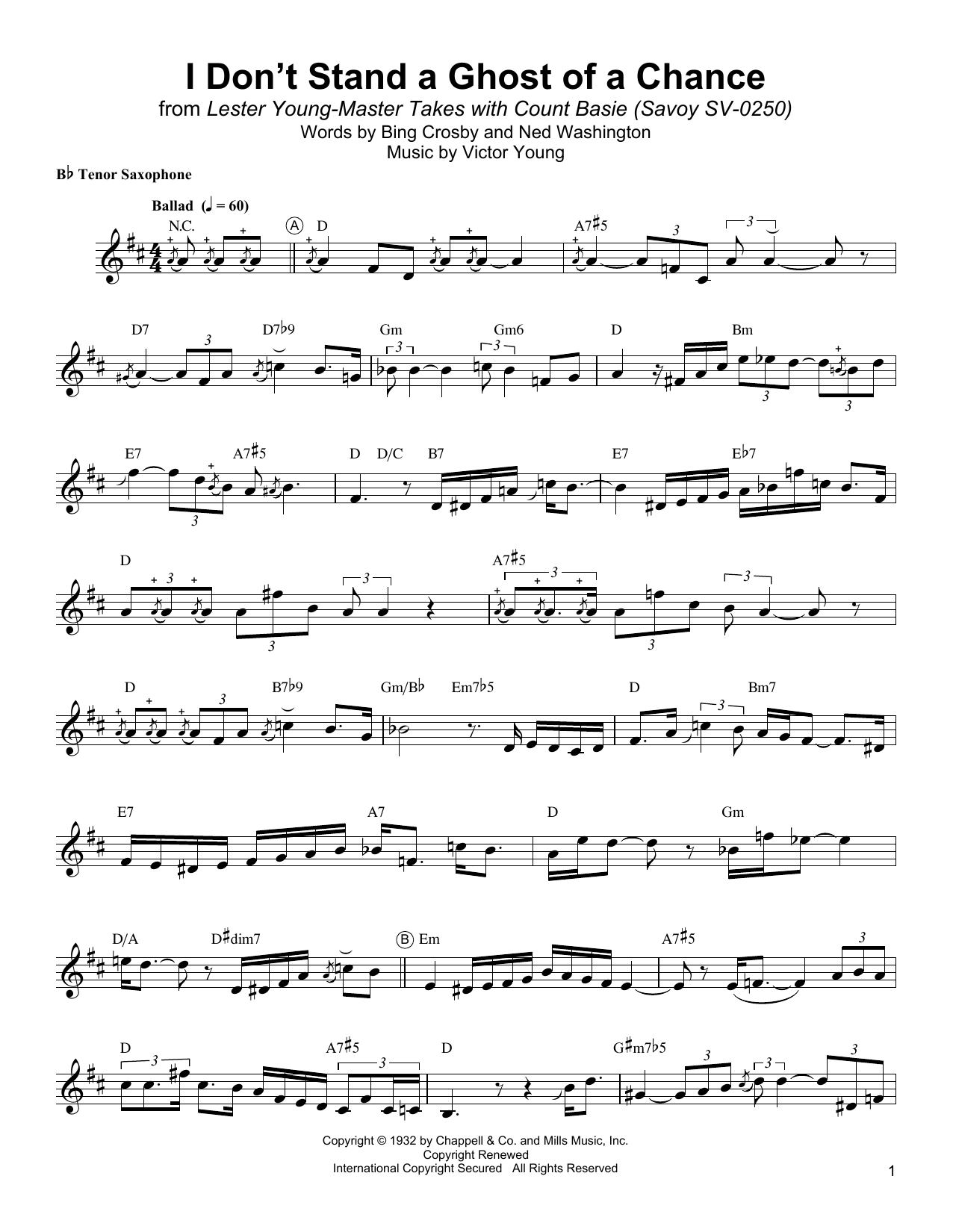 Lester Young I Don't Stand A Ghost Of A Chance With You Sheet Music Notes & Chords for Tenor Sax Transcription - Download or Print PDF