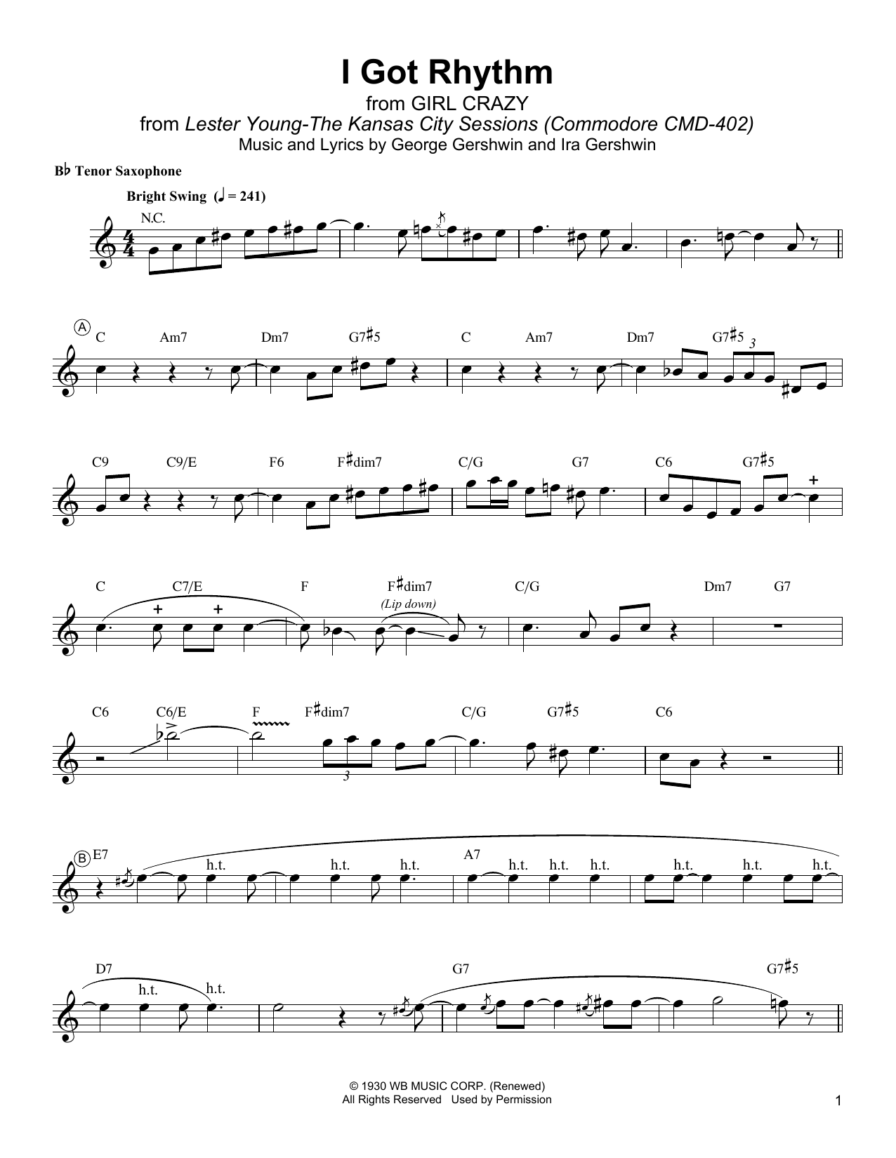 Lester Young I Got Rhythm Sheet Music Notes & Chords for Tenor Sax Transcription - Download or Print PDF