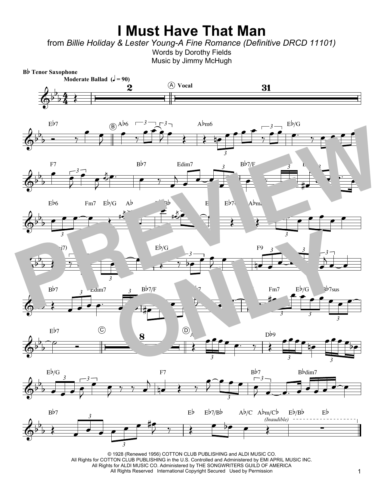 Lester Young I Must Have That Man Sheet Music Notes & Chords for Tenor Sax Transcription - Download or Print PDF