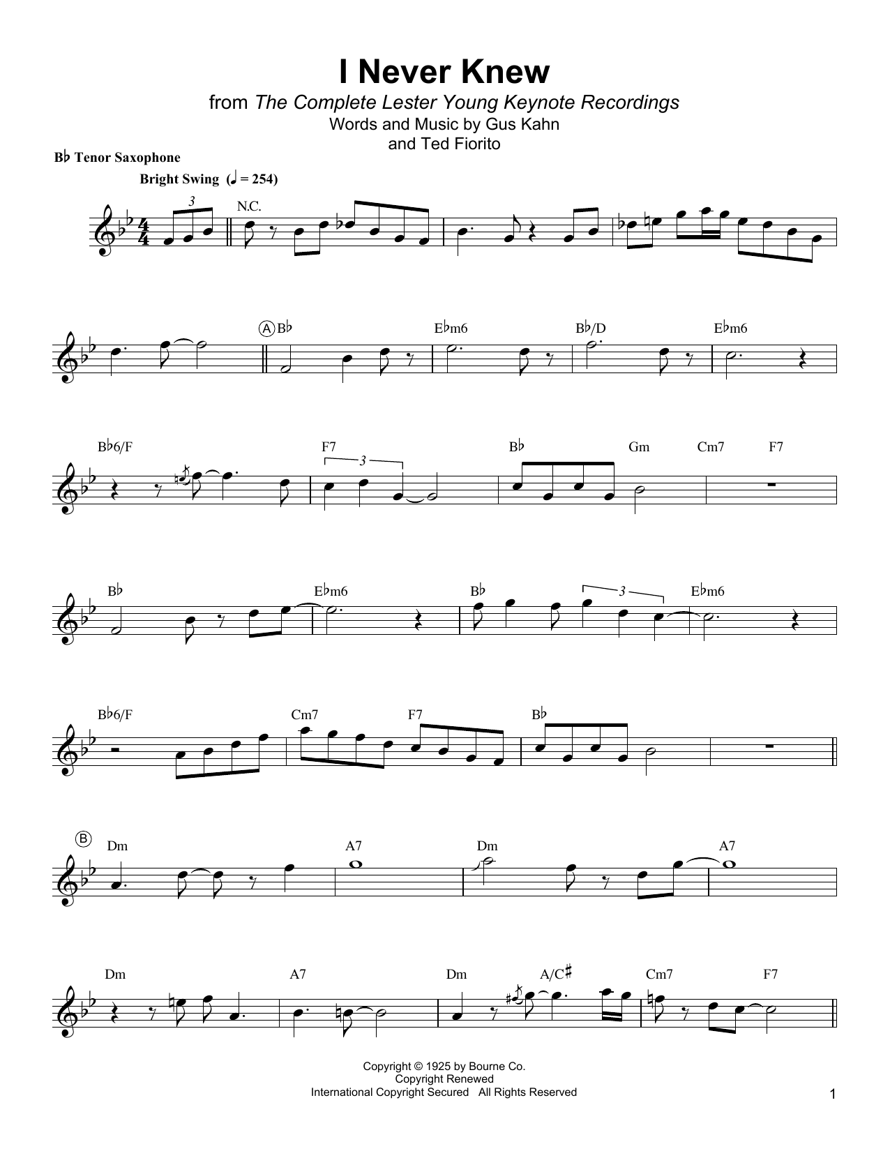 Lester Young I Never Knew Sheet Music Notes & Chords for Tenor Sax Transcription - Download or Print PDF