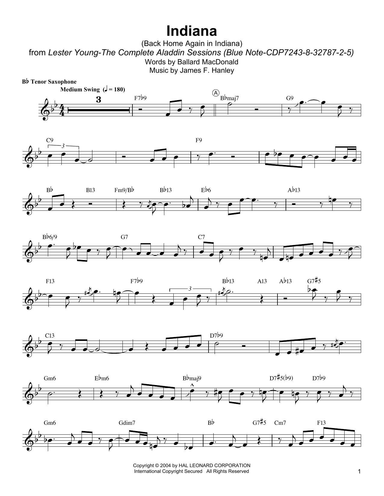 Lester Young Indiana (Back Home Again In Indiana) Sheet Music Notes & Chords for Tenor Sax Transcription - Download or Print PDF
