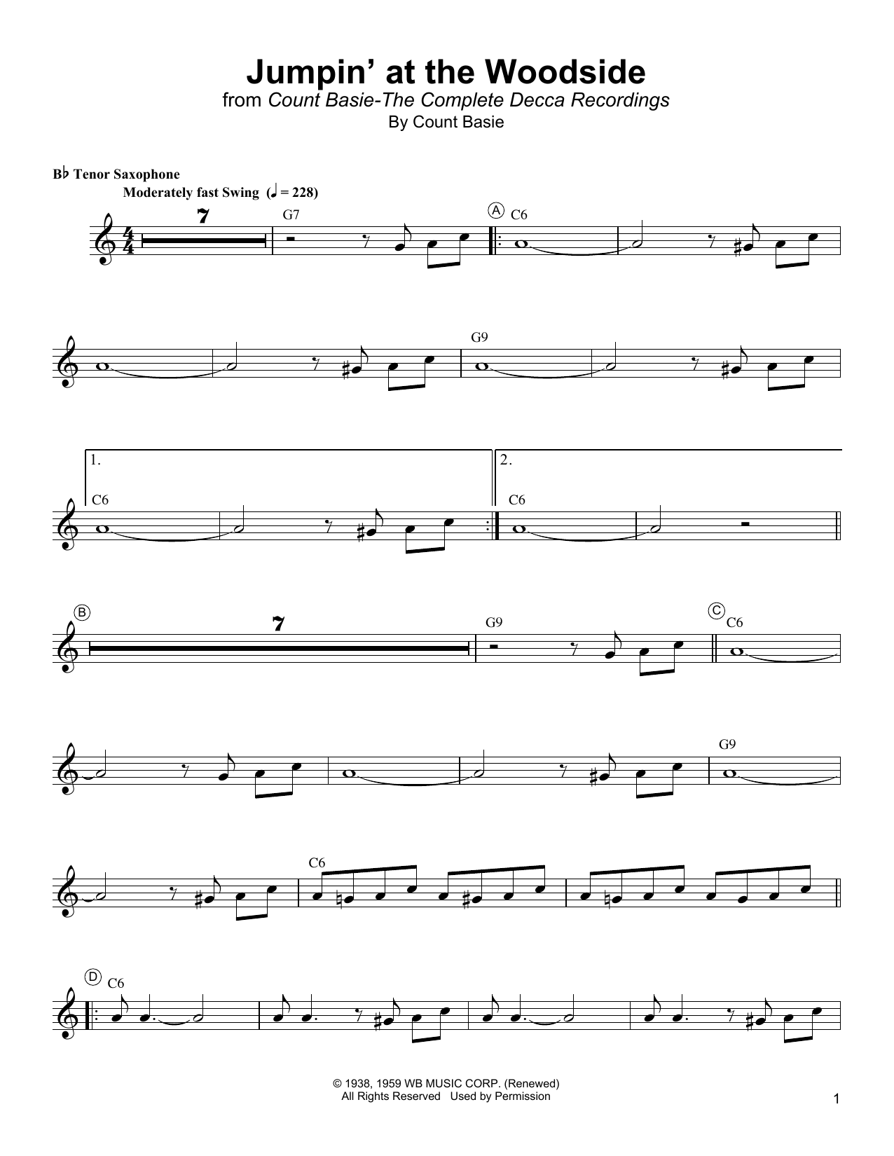 Lester Young Jumpin' At The Woodside Sheet Music Notes & Chords for Tenor Sax Transcription - Download or Print PDF