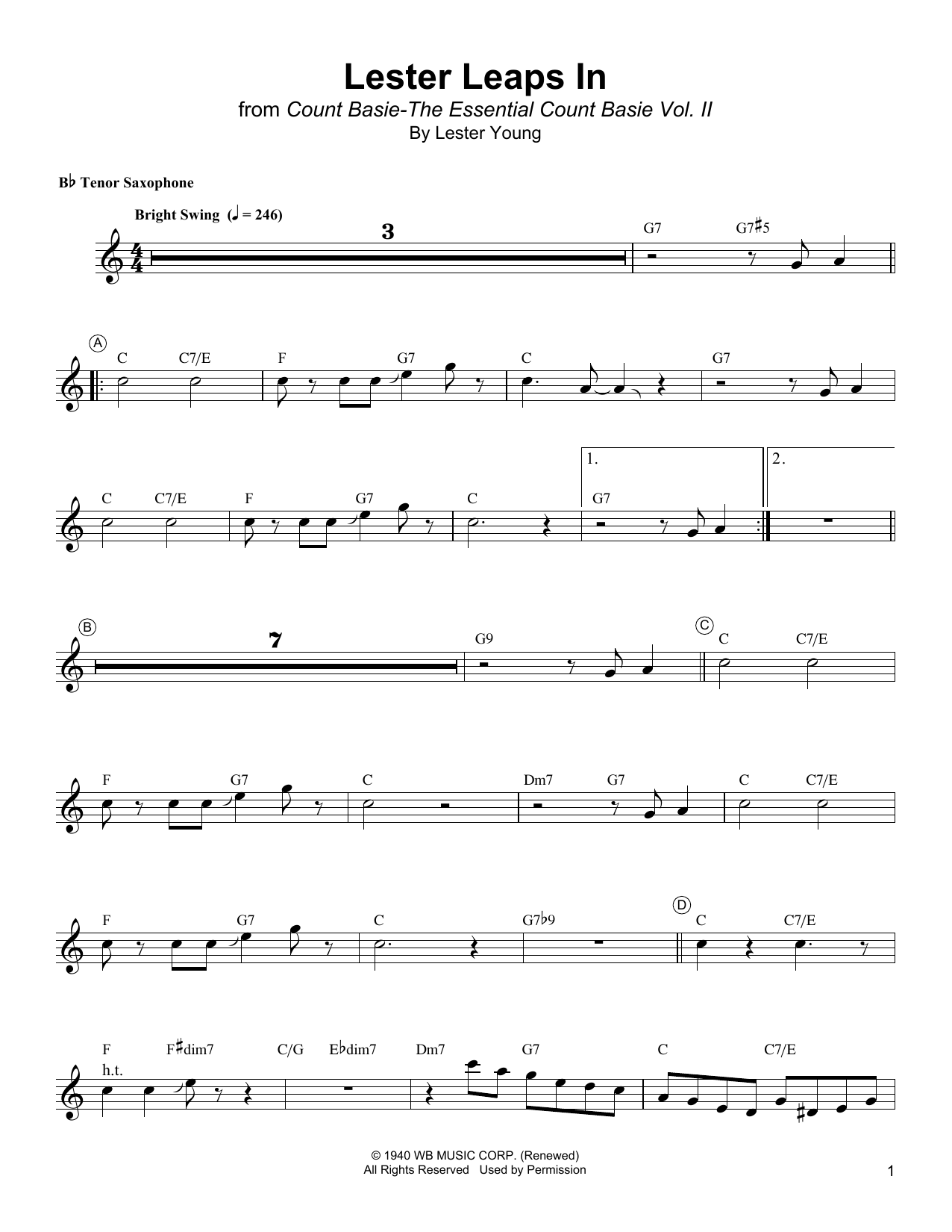 Lester Young Lester Leaps In Sheet Music Notes & Chords for Tenor Sax Transcription - Download or Print PDF