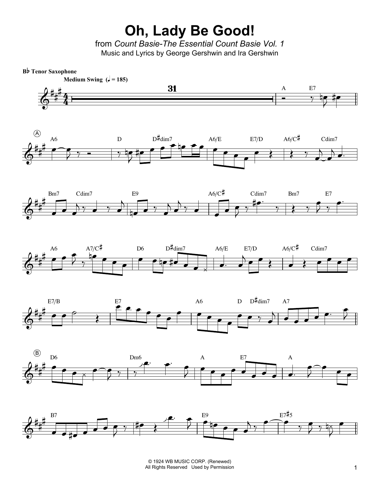 Lester Young Oh, Lady Be Good! Sheet Music Notes & Chords for Tenor Sax Transcription - Download or Print PDF