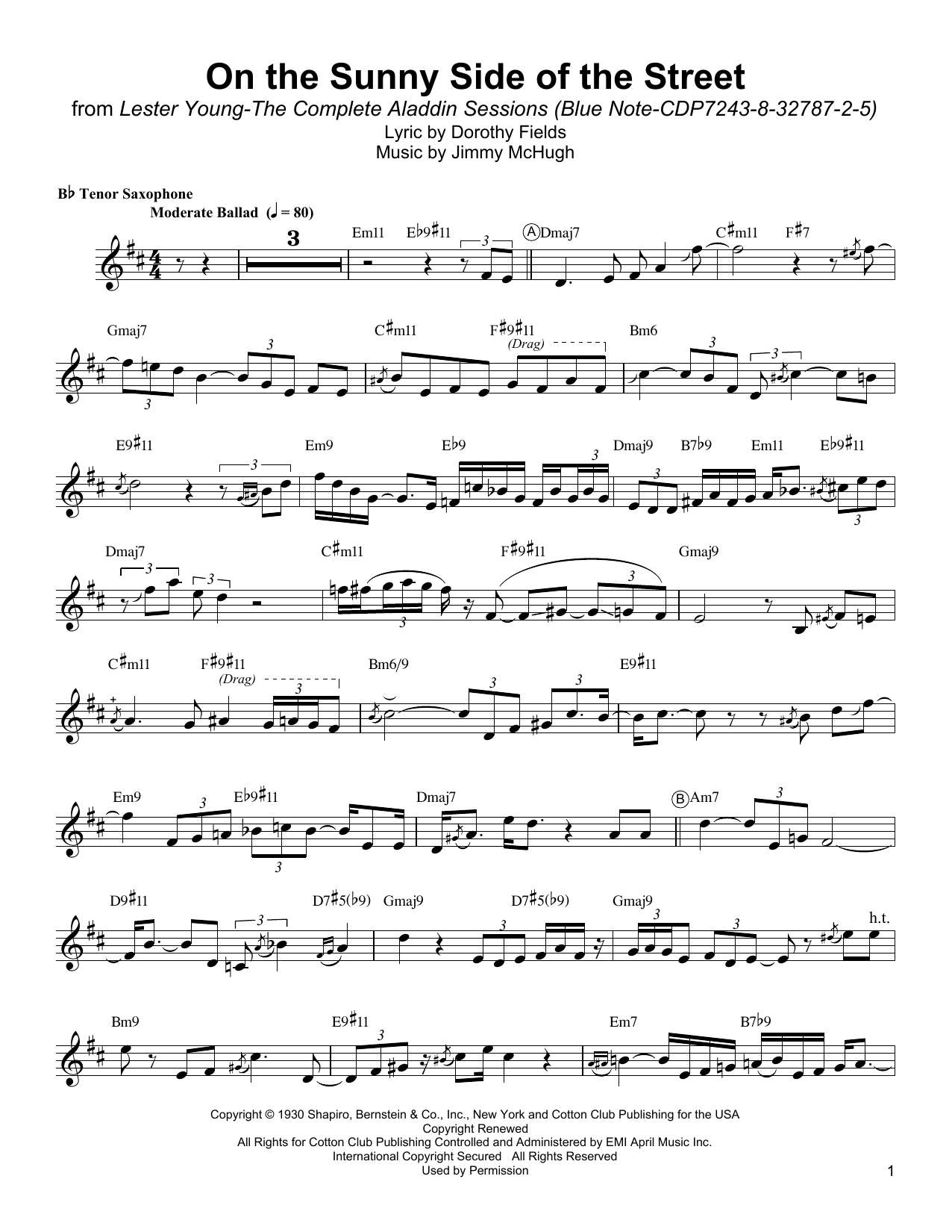 Lester Young On The Sunny Side Of The Street Sheet Music Notes & Chords for Tenor Sax Transcription - Download or Print PDF