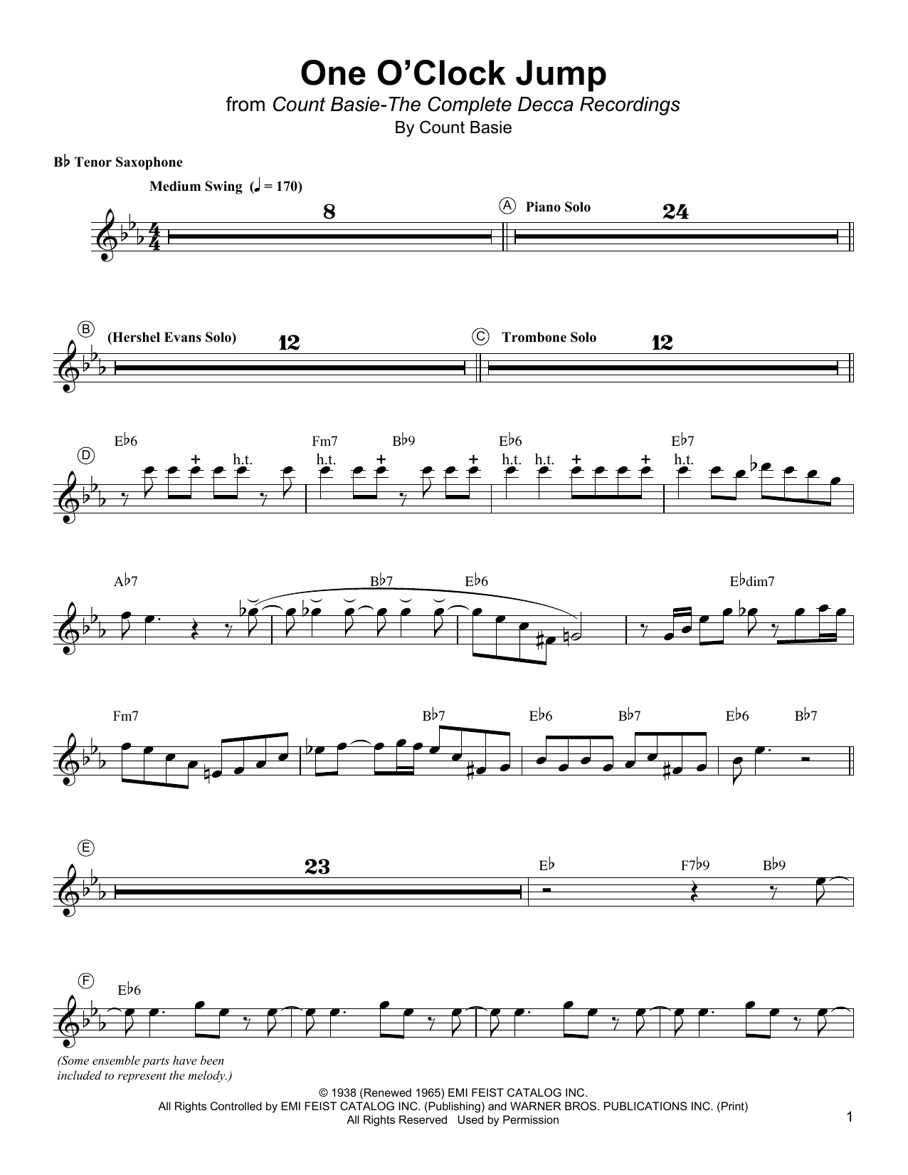 Lester Young One O'Clock Jump Sheet Music Notes & Chords for Tenor Sax Transcription - Download or Print PDF