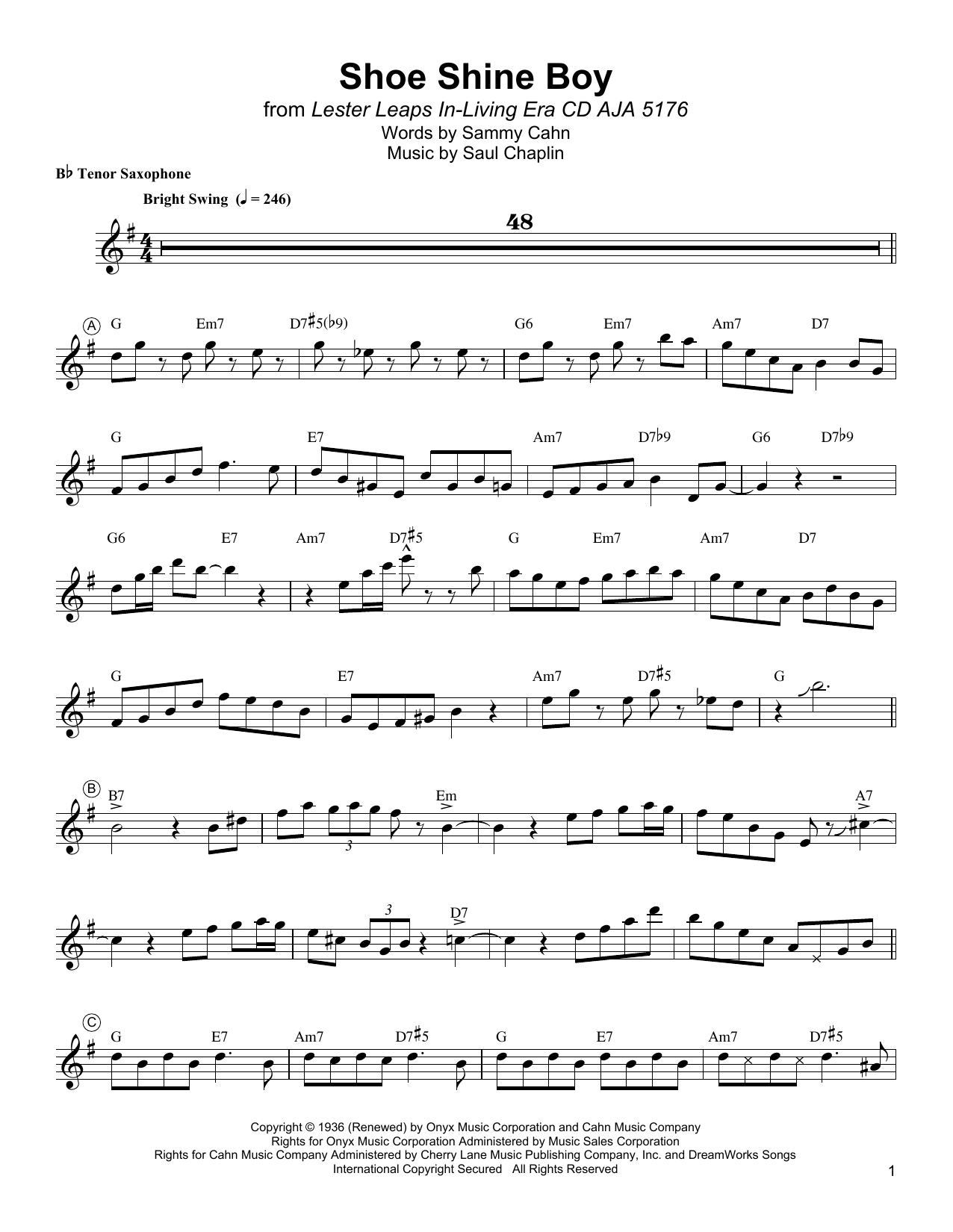 Lester Young Shoe Shine Boy Sheet Music Notes & Chords for Tenor Sax Transcription - Download or Print PDF