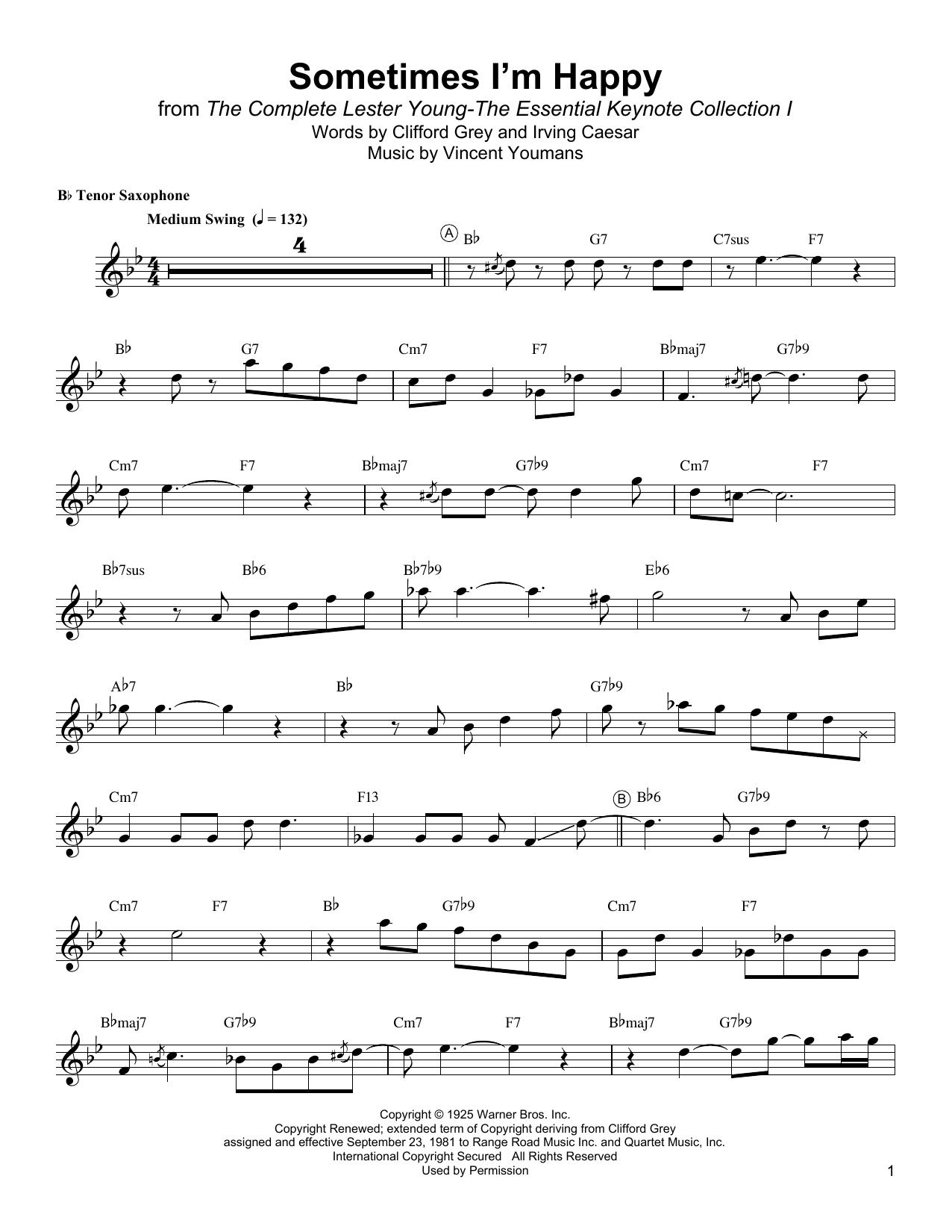 Lester Young Sometimes I'm Happy Sheet Music Notes & Chords for Tenor Sax Transcription - Download or Print PDF