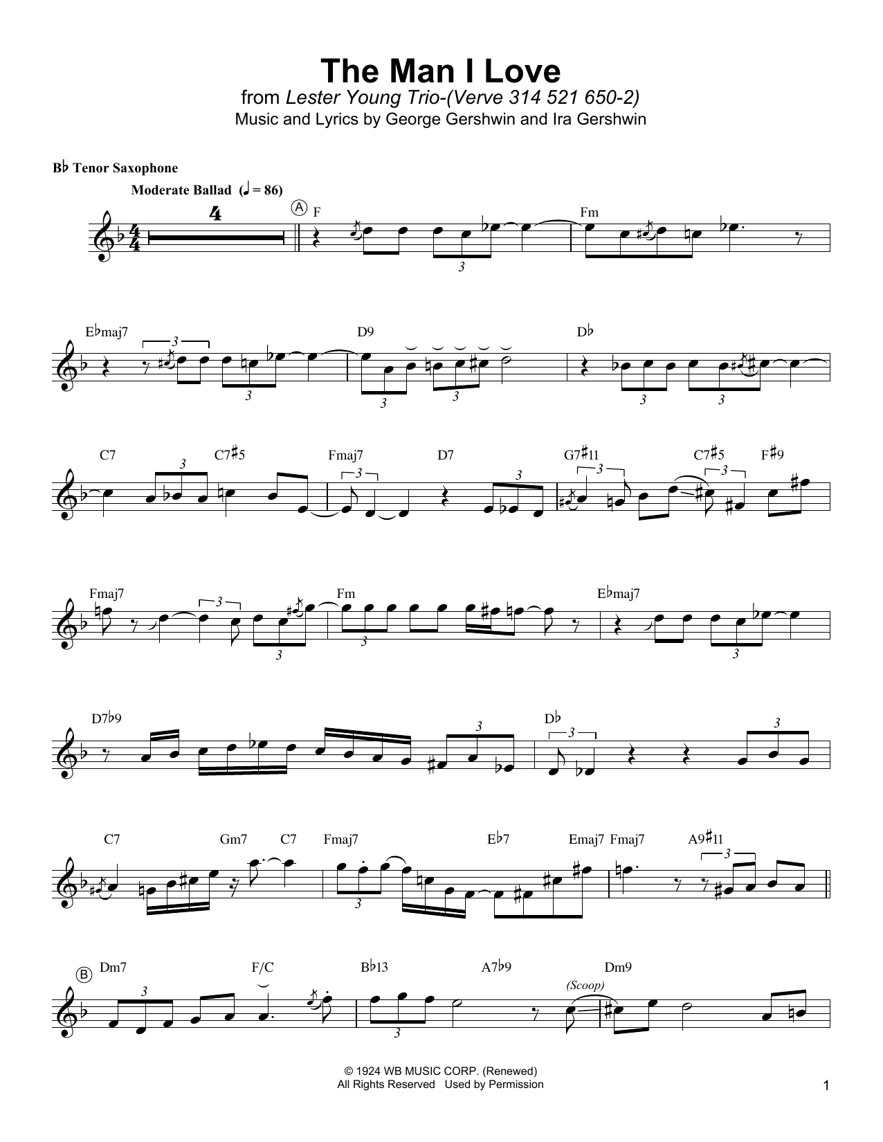 Lester Young The Man I Love Sheet Music Notes & Chords for Tenor Sax Transcription - Download or Print PDF