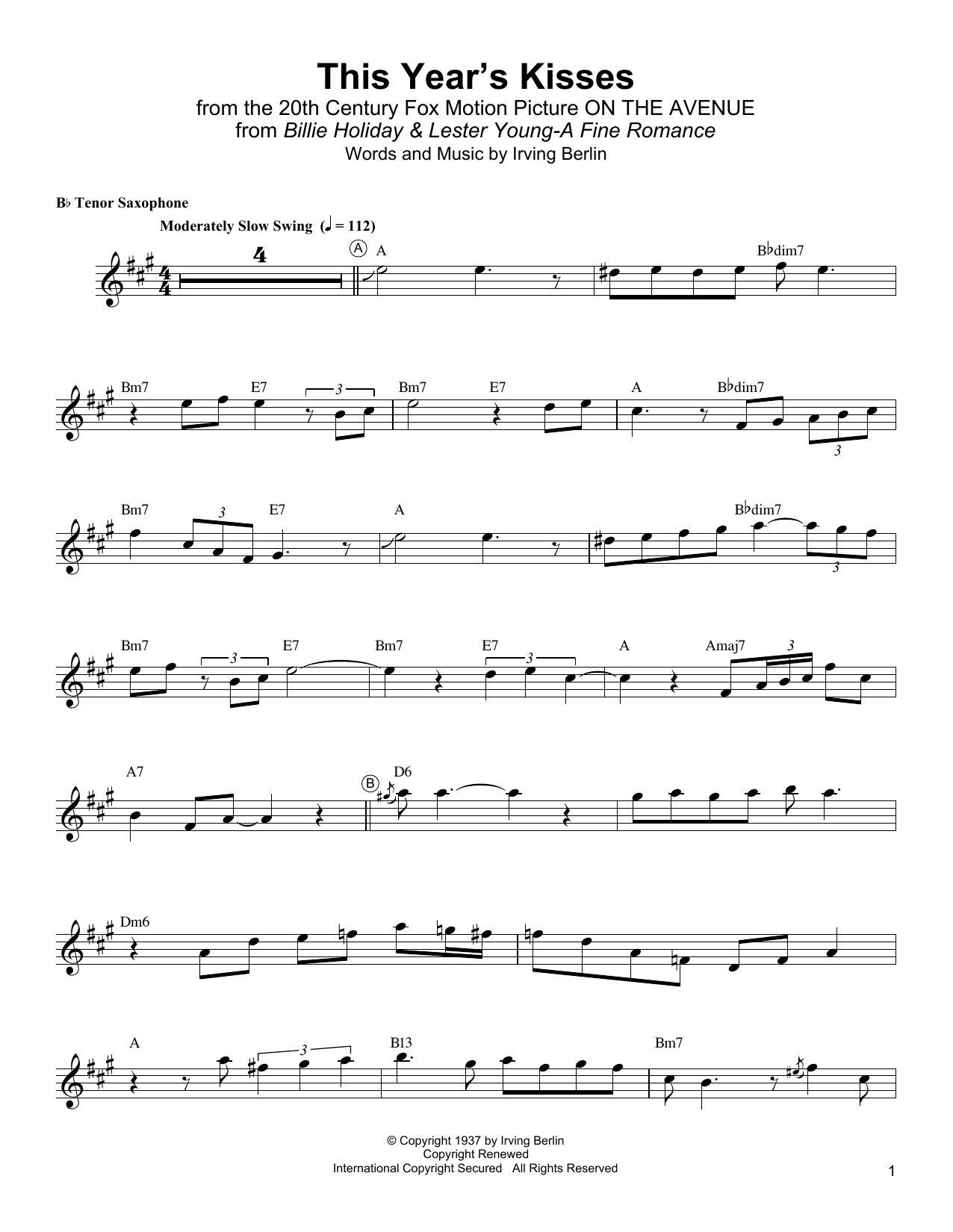Lester Young This Year's Kisses Sheet Music Notes & Chords for Tenor Sax Transcription - Download or Print PDF