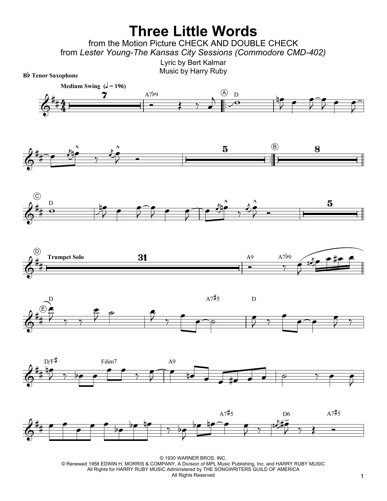 Lester Young Three Little Words Sheet Music Notes & Chords for Tenor Sax Transcription - Download or Print PDF