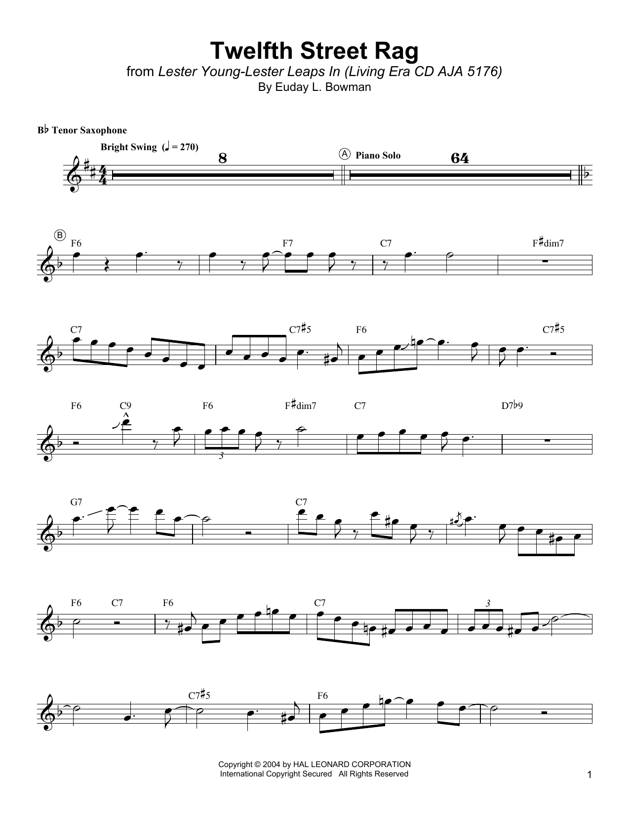 Lester Young Twelfth Street Rag Sheet Music Notes & Chords for Tenor Sax Transcription - Download or Print PDF