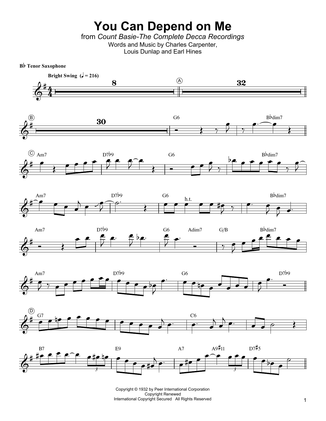 Lester Young You Can Depend On Me Sheet Music Notes & Chords for Tenor Sax Transcription - Download or Print PDF