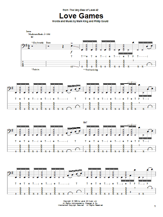 Level 42 Love Games Sheet Music Notes & Chords for Bass Guitar Tab - Download or Print PDF