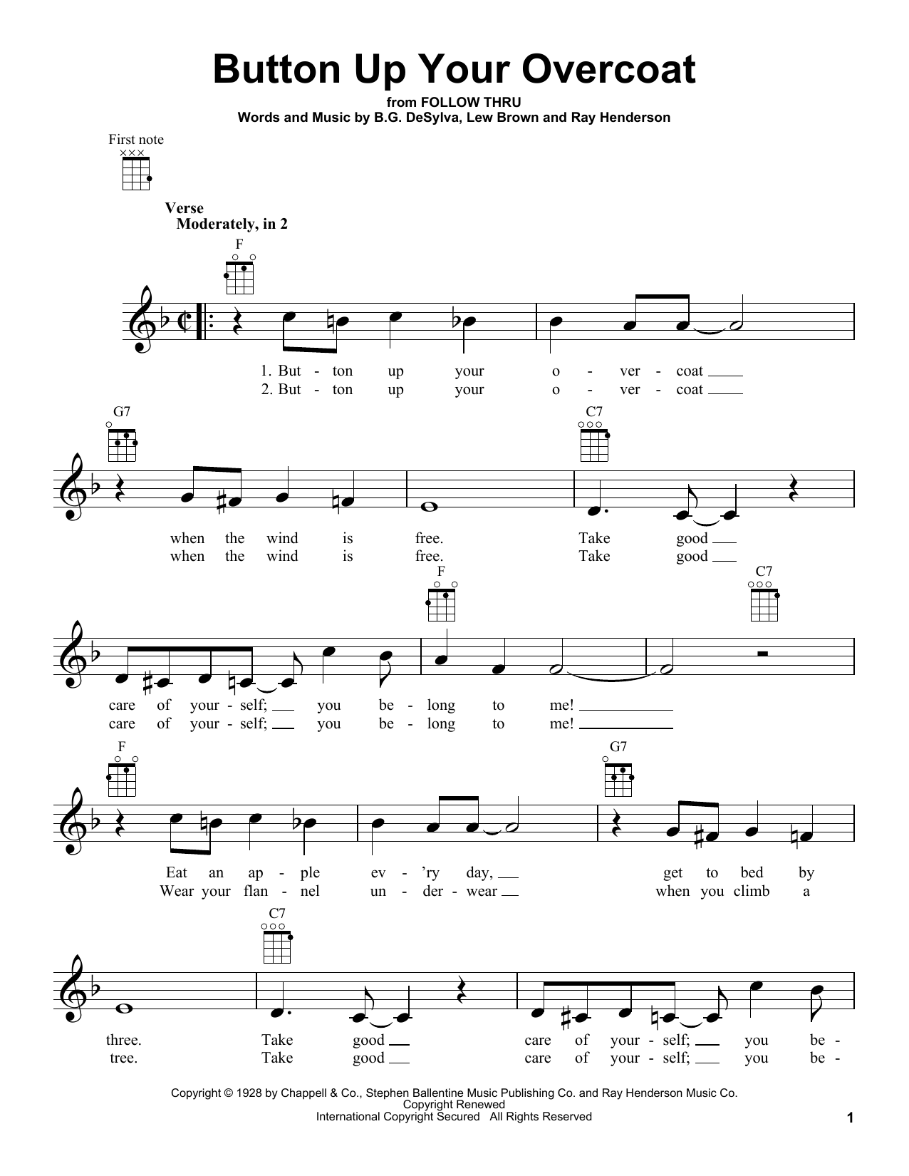 Lew Brown Button Up Your Overcoat Sheet Music Notes & Chords for Ukulele - Download or Print PDF