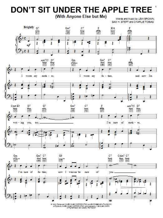 Lew Brown Don't Sit Under The Apple Tree (With Anyone Else But Me) Sheet Music Notes & Chords for Piano, Vocal & Guitar (Right-Hand Melody) - Download or Print PDF