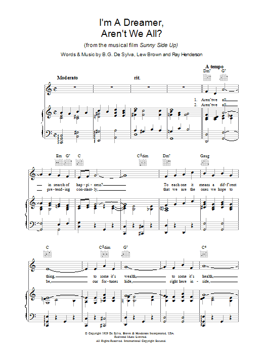 Lew Brown I'm A Dreamer, Aren't We All? Sheet Music Notes & Chords for Piano, Vocal & Guitar (Right-Hand Melody) - Download or Print PDF