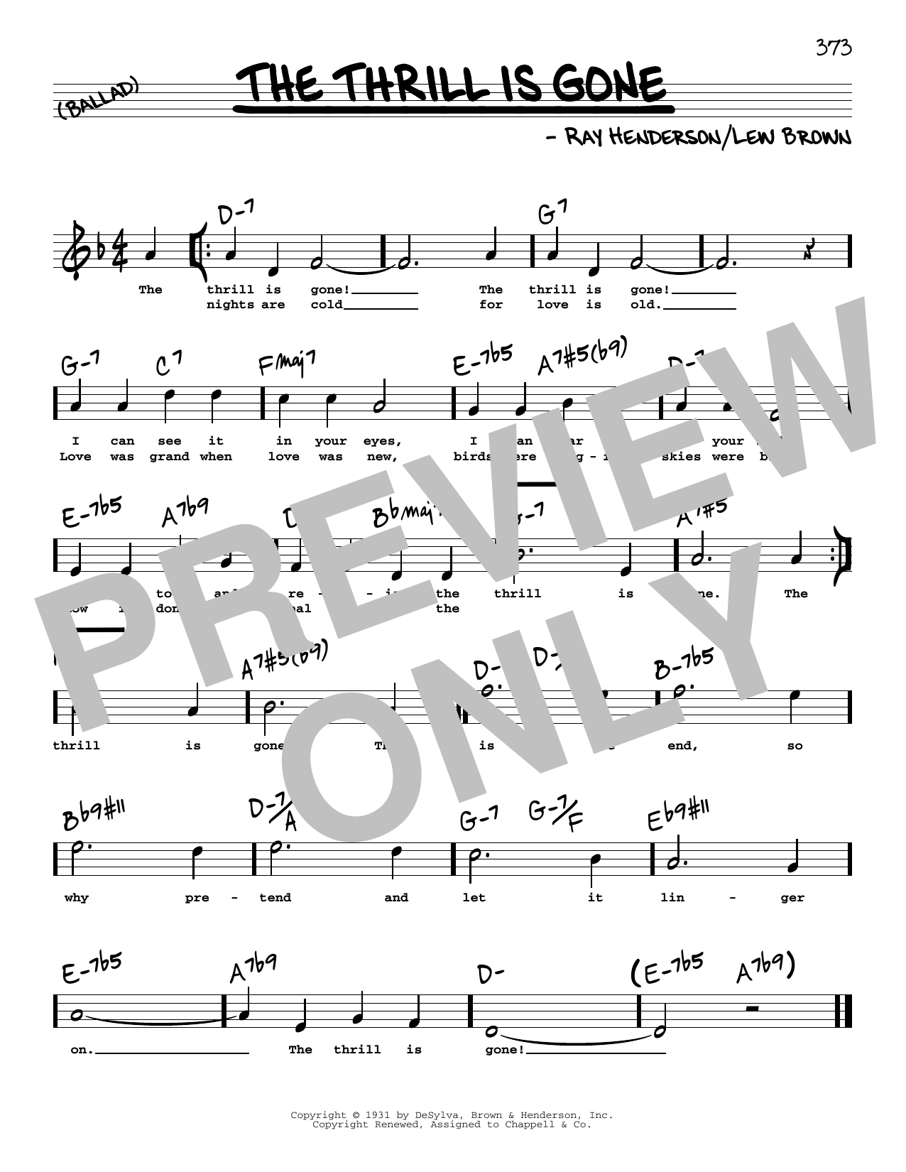 Lew Brown The Thrill Is Gone (High Voice) Sheet Music Notes & Chords for Real Book – Melody, Lyrics & Chords - Download or Print PDF
