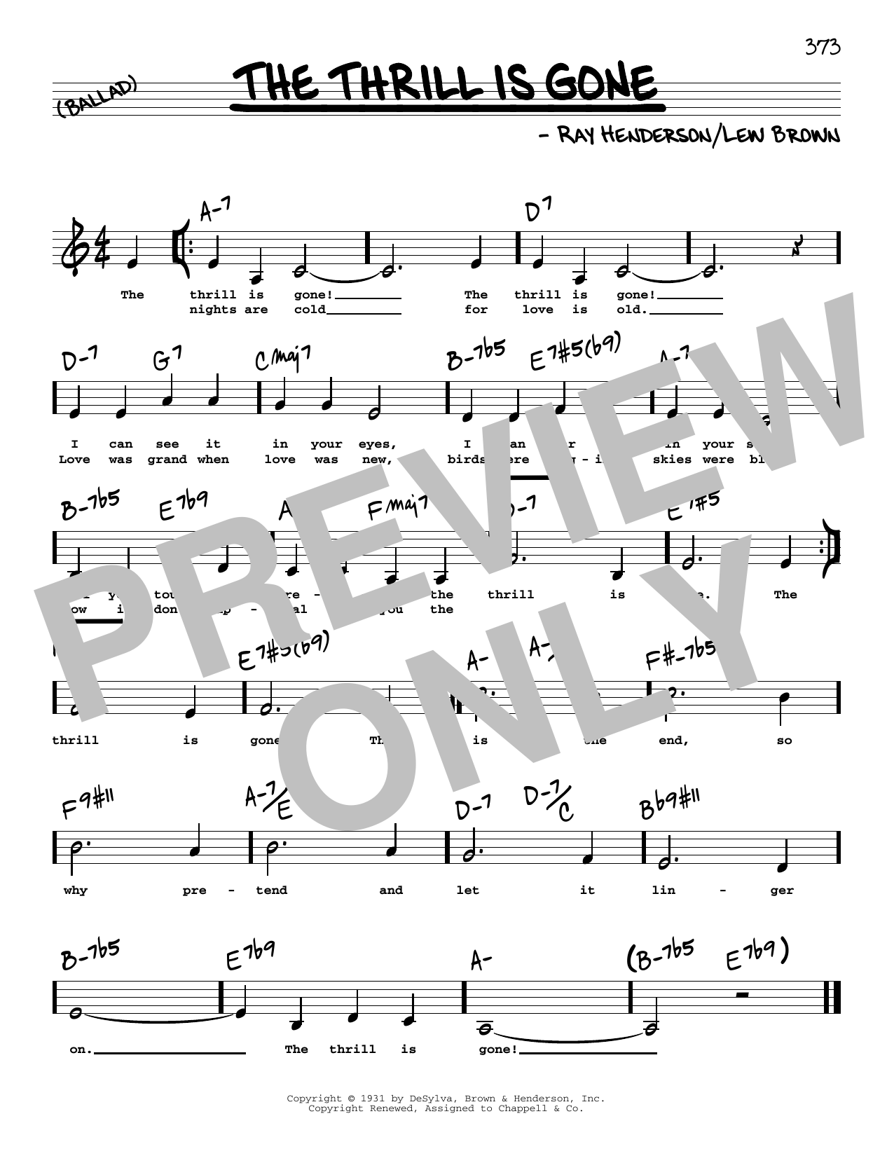 Lew Brown The Thrill Is Gone (Low Voice) Sheet Music Notes & Chords for Real Book – Melody, Lyrics & Chords - Download or Print PDF Lew Brown The Thrill Is Gone (Low Voice) Sheet Music Notes & Chords for Real Book – Melody, Lyrics & Chords - Download or Print PDF