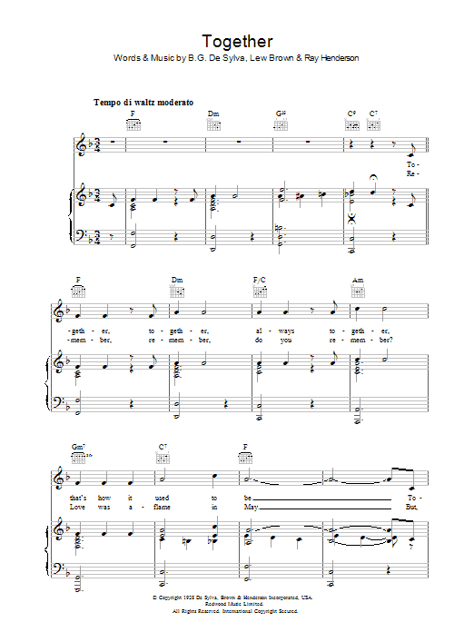 Lew Brown Together Sheet Music Notes & Chords for Piano, Vocal & Guitar (Right-Hand Melody) - Download or Print PDF Lew Brown Together Sheet Music Notes & Chords for Piano, Vocal & Guitar (Right-Hand Melody) - Download or Print PDF