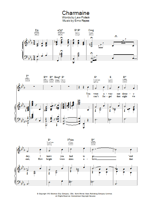 Erno Rapee Charmaine Sheet Music Notes & Chords for Piano, Vocal & Guitar (Right-Hand Melody) - Download or Print PDF