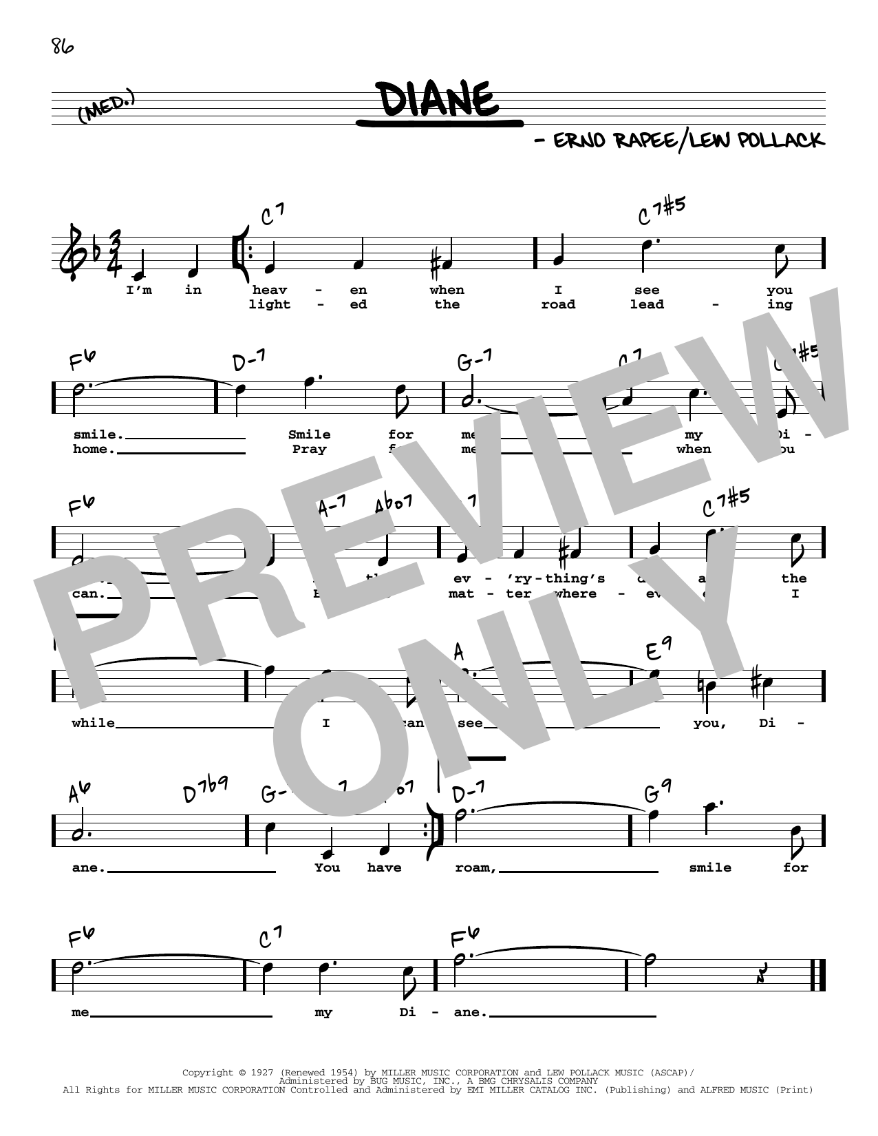 Lew Pollack Diane (High Voice) Sheet Music Notes & Chords for Real Book – Melody, Lyrics & Chords - Download or Print PDF