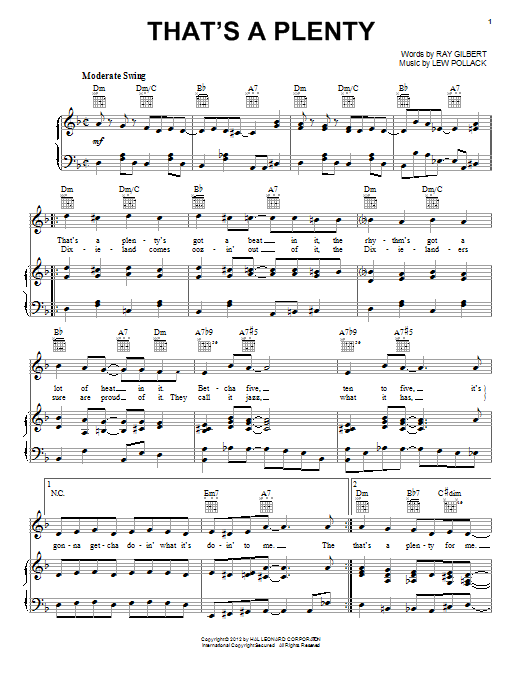 Lew Pollack That's A Plenty Sheet Music Notes & Chords for Piano, Vocal & Guitar (Right-Hand Melody) - Download or Print PDF