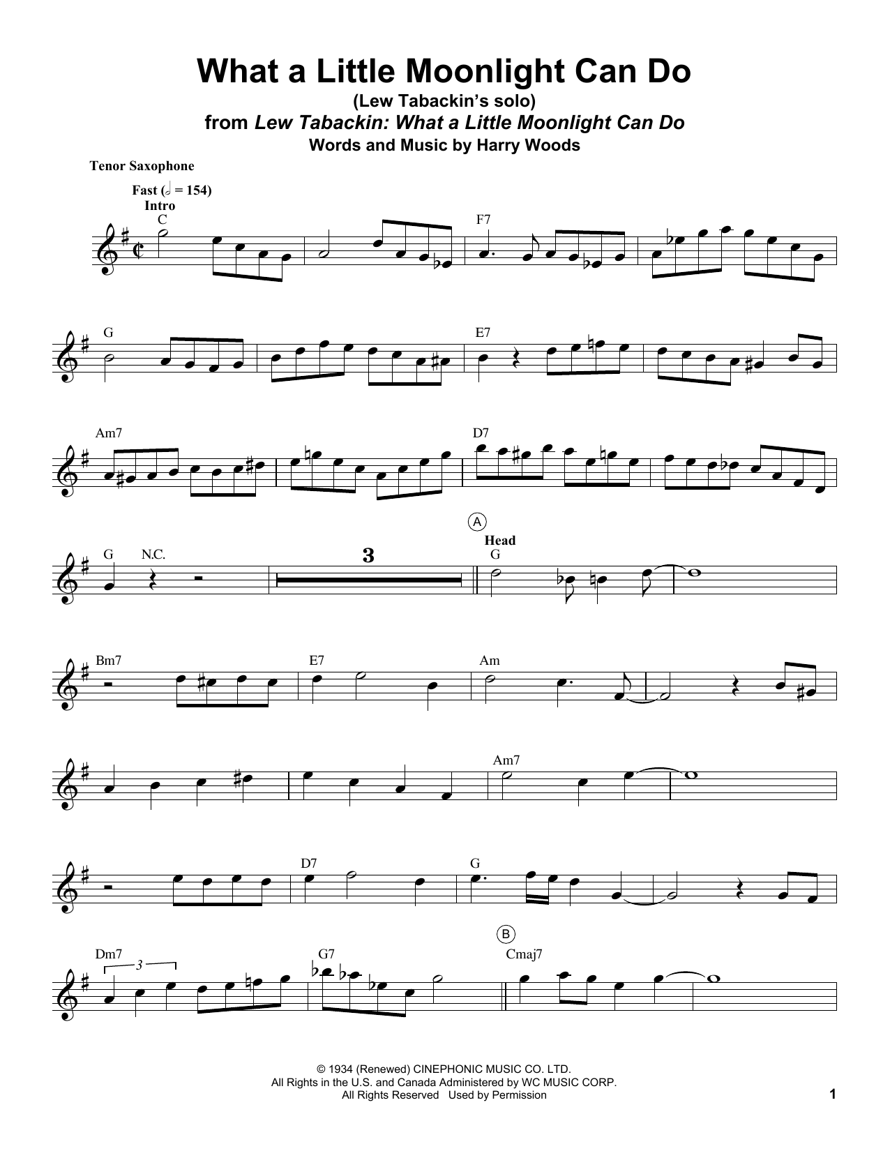 Lew Tabackin What A Little Moonlight Can Do Sheet Music Notes & Chords for Tenor Sax Transcription - Download or Print PDF