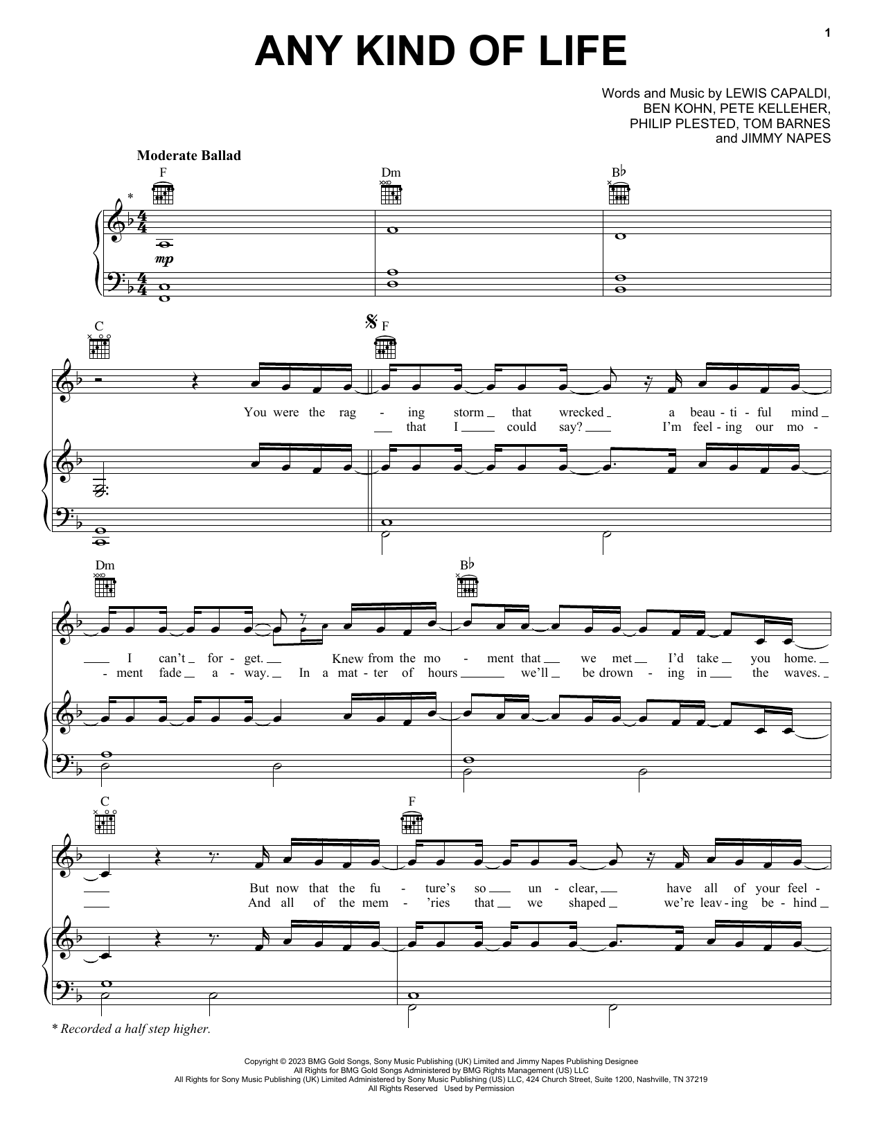 Lewis Capaldi Any Kind Of Life Sheet Music Notes & Chords for Piano, Vocal & Guitar Chords (Right-Hand Melody) - Download or Print PDF