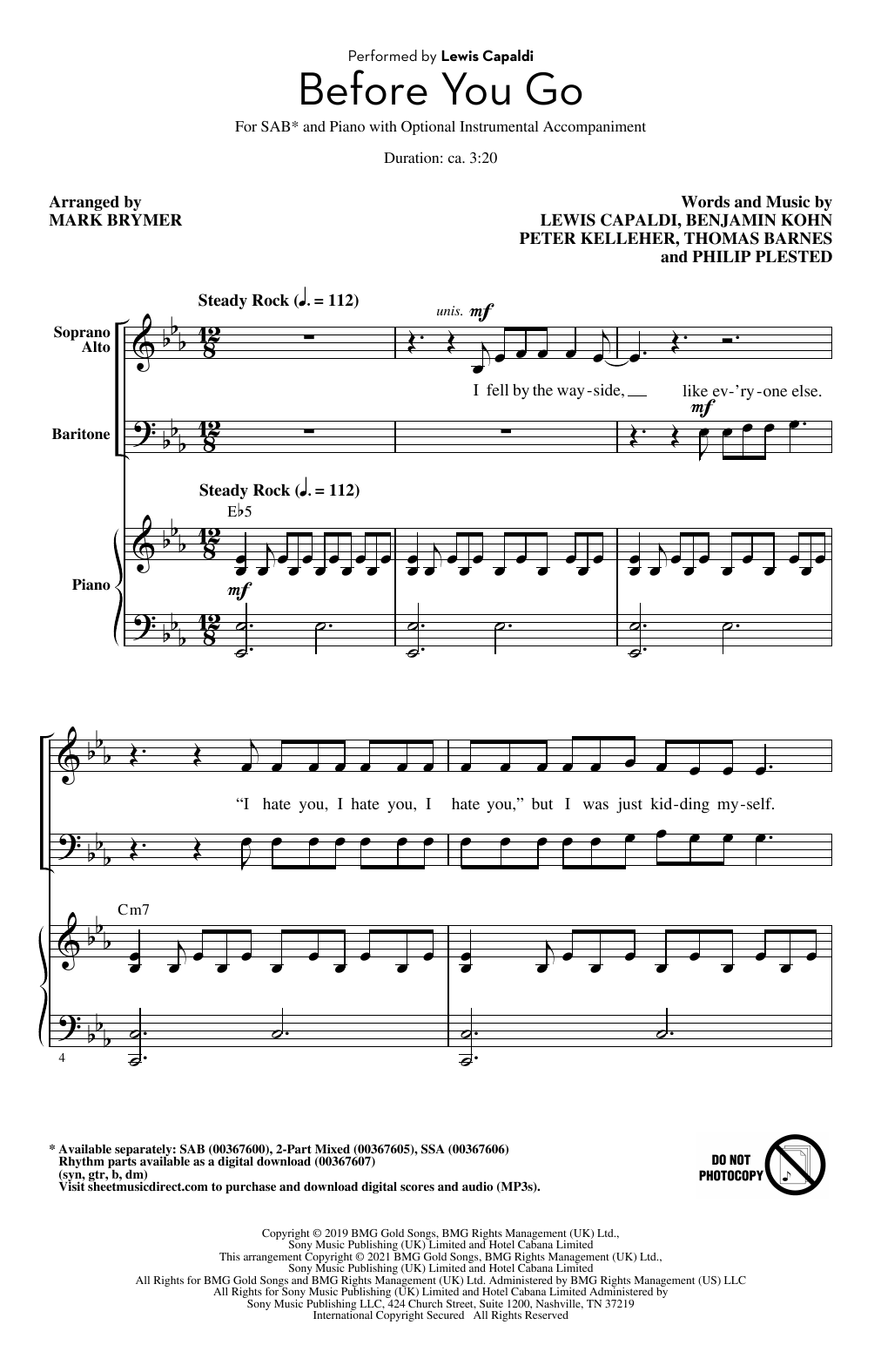 Lewis Capaldi Before You Go (arr. Mark Brymer) Sheet Music Notes & Chords for SSA Choir - Download or Print PDF