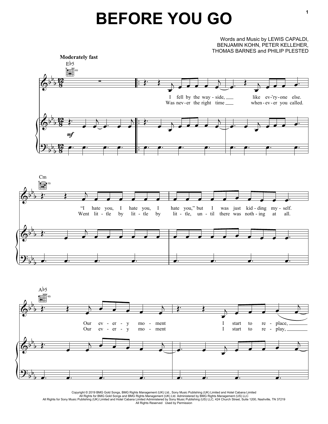 Lewis Capaldi Before You Go Sheet Music Notes & Chords for Piano, Vocal & Guitar (Right-Hand Melody) - Download or Print PDF