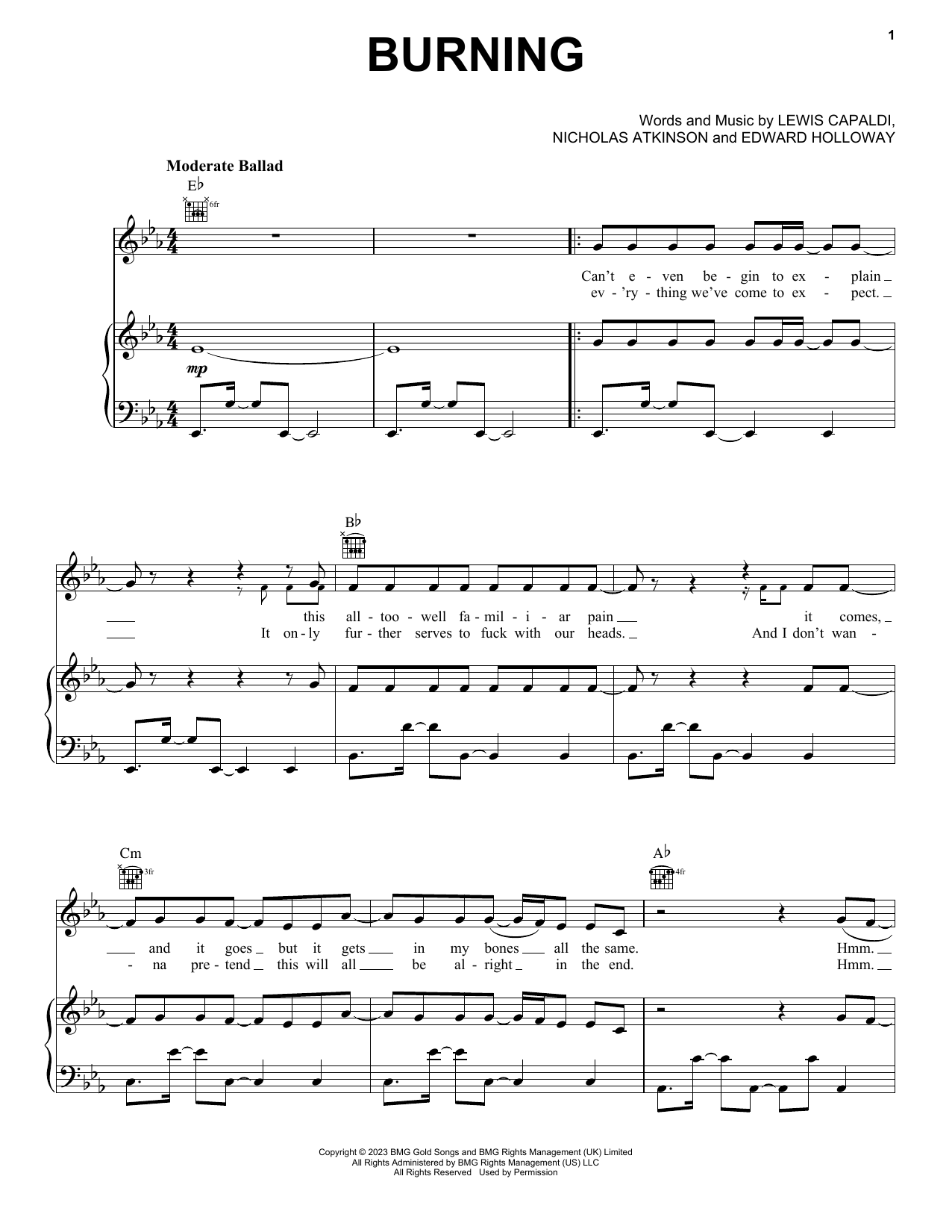 Lewis Capaldi Burning Sheet Music Notes & Chords for Piano, Vocal & Guitar Chords (Right-Hand Melody) - Download or Print PDF