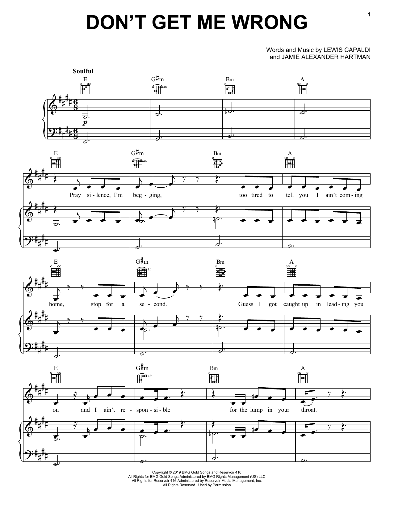 Lewis Capaldi Don't Get Me Wrong Sheet Music Notes & Chords for Piano, Vocal & Guitar (Right-Hand Melody) - Download or Print PDF