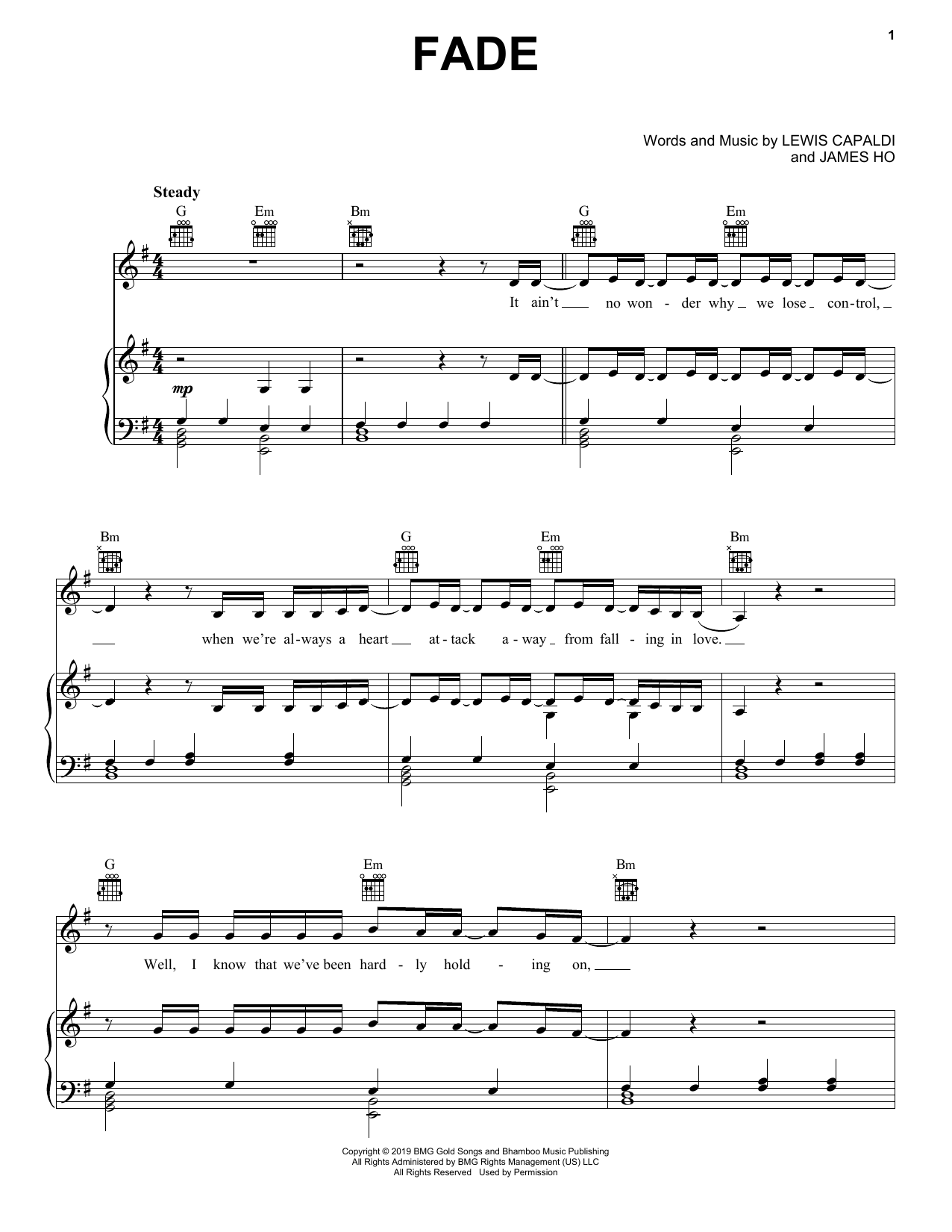 Lewis Capaldi Fade Sheet Music Notes & Chords for Piano, Vocal & Guitar (Right-Hand Melody) - Download or Print PDF