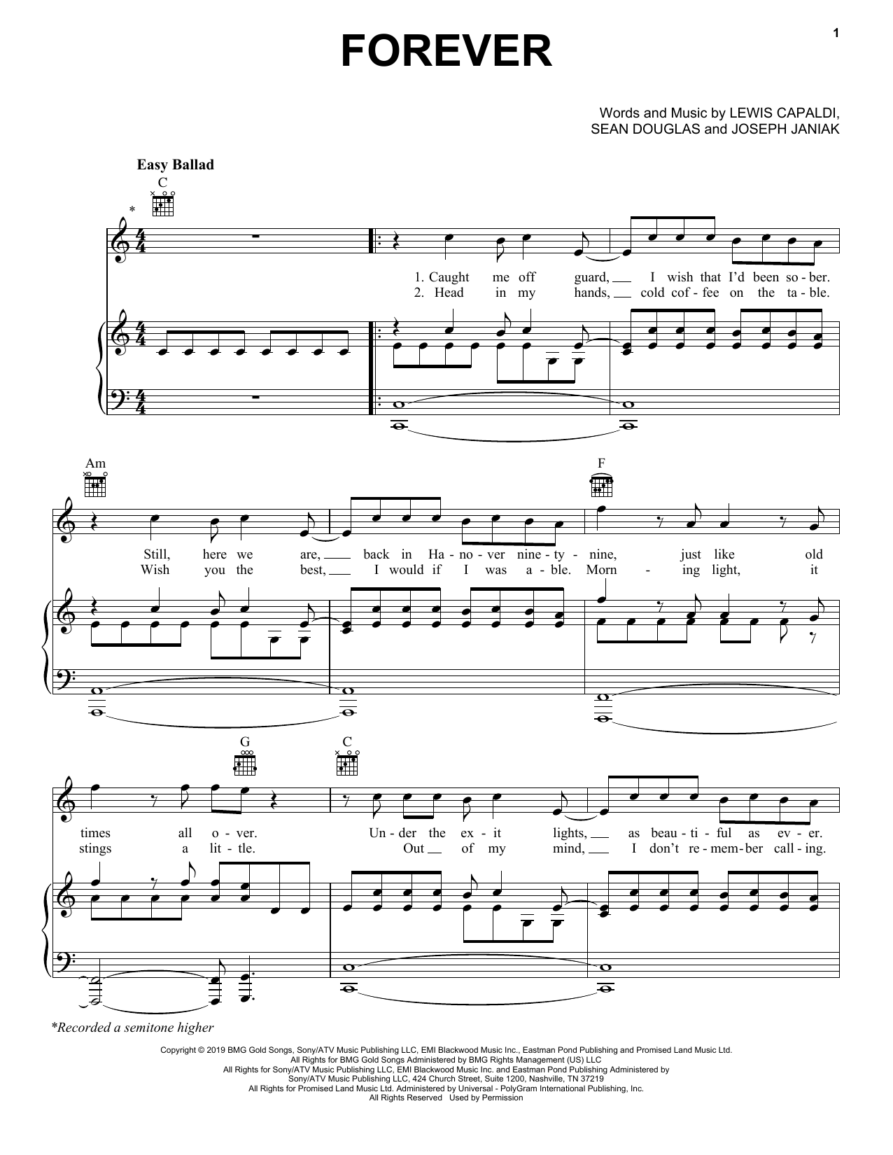 Lewis Capaldi Forever Sheet Music Notes & Chords for Piano, Vocal & Guitar (Right-Hand Melody) - Download or Print PDF