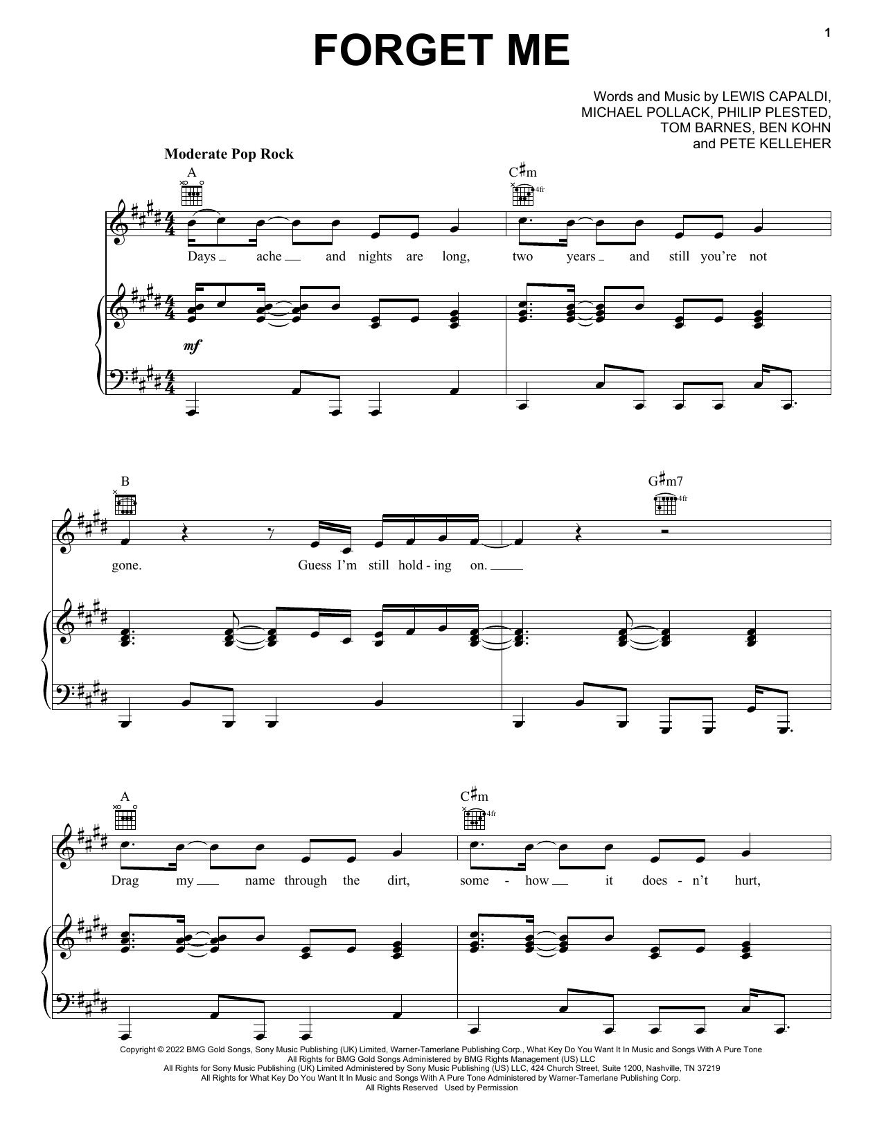 Lewis Capaldi Forget Me Sheet Music Notes & Chords for Piano, Vocal & Guitar Chords (Right-Hand Melody) - Download or Print PDF