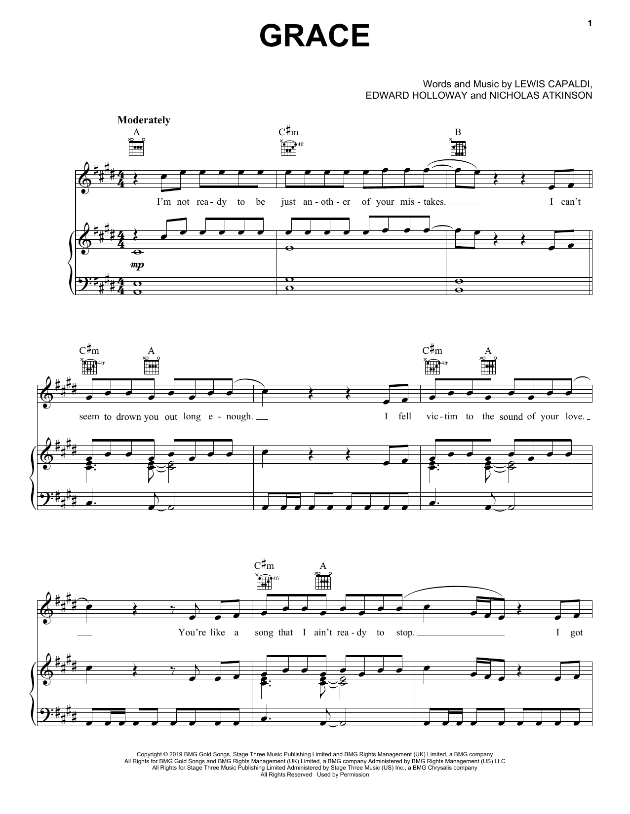 Lewis Capaldi Grace Sheet Music Notes & Chords for Piano, Vocal & Guitar (Right-Hand Melody) - Download or Print PDF