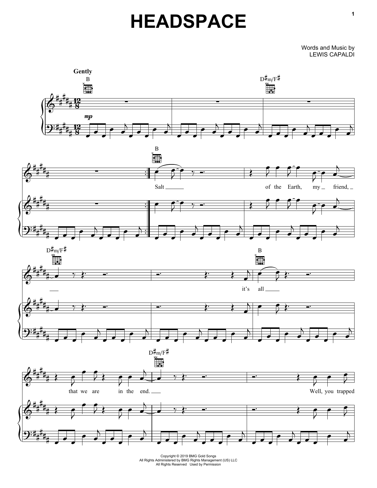 Lewis Capaldi Headspace Sheet Music Notes & Chords for Piano, Vocal & Guitar (Right-Hand Melody) - Download or Print PDF