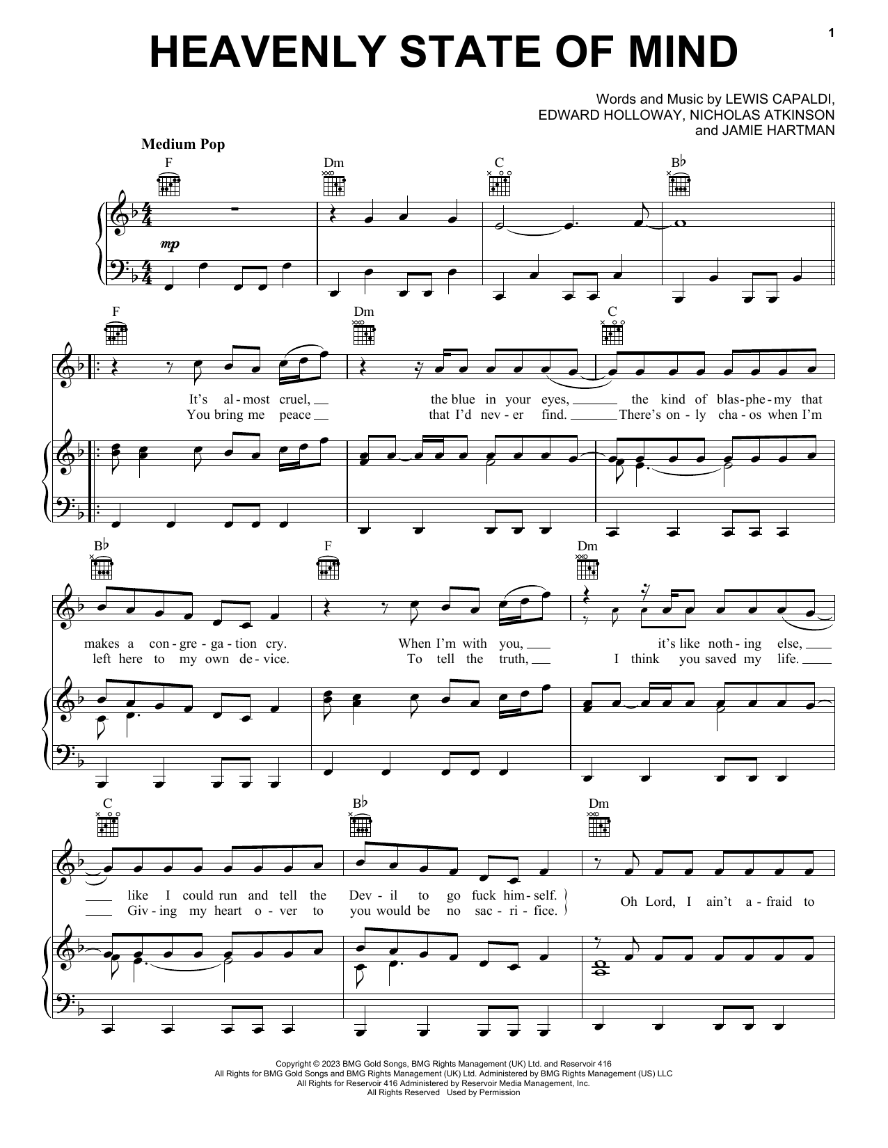 Lewis Capaldi Heavenly Kind Of State Of Mind Sheet Music Notes & Chords for Piano, Vocal & Guitar Chords (Right-Hand Melody) - Download or Print PDF