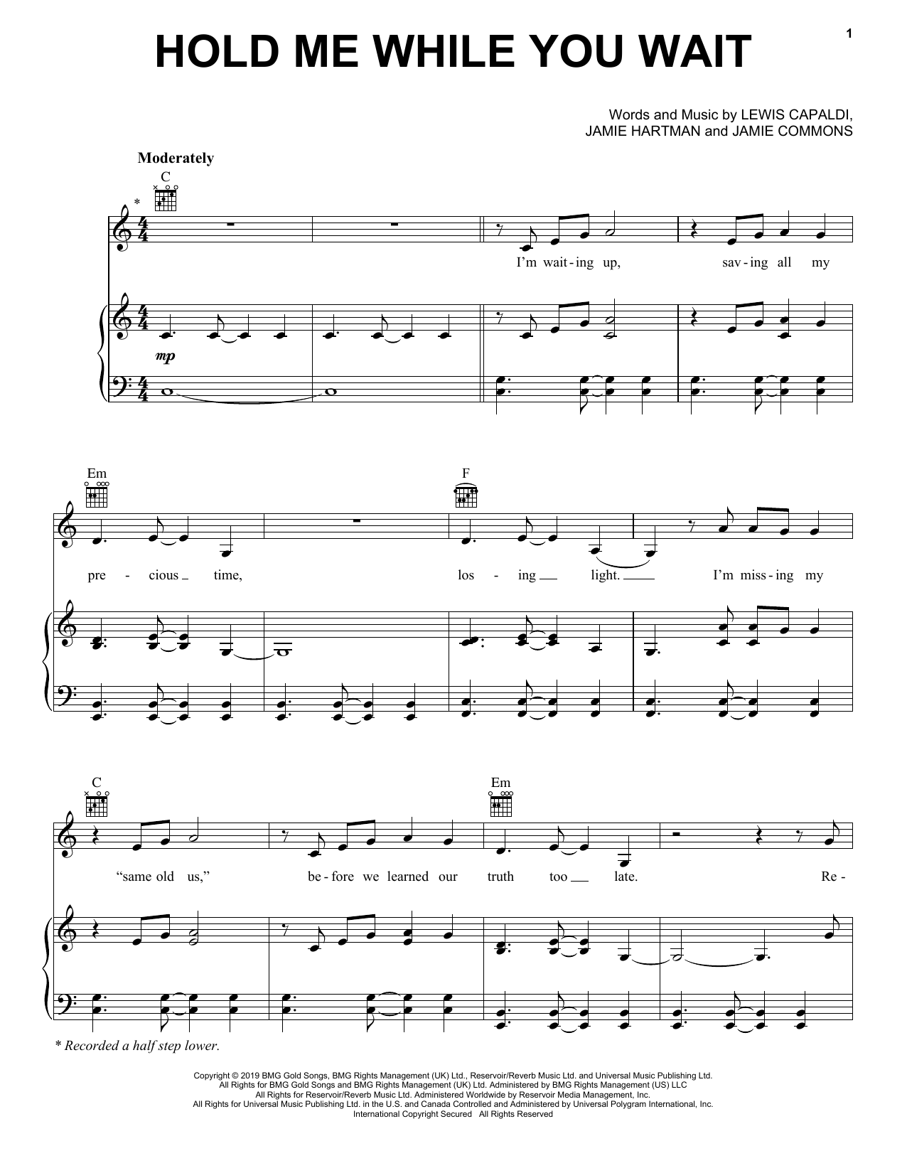 Lewis Capaldi Hold Me While You Wait Sheet Music Notes & Chords for Piano, Vocal & Guitar (Right-Hand Melody) - Download or Print PDF