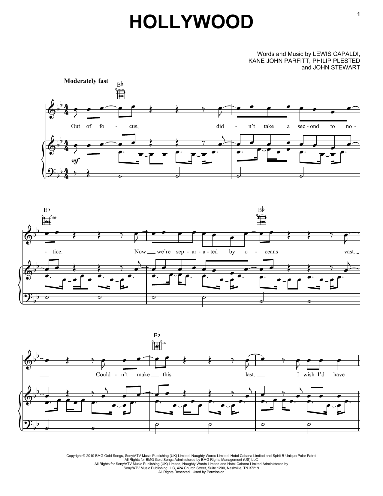 Lewis Capaldi Hollywood Sheet Music Notes & Chords for Piano, Vocal & Guitar (Right-Hand Melody) - Download or Print PDF