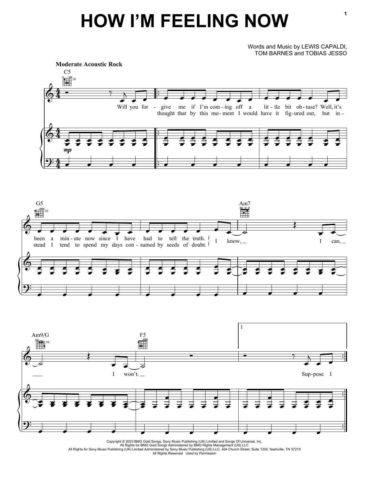 Lewis Capaldi How I'm Feeling Now Sheet Music Notes & Chords for Piano, Vocal & Guitar Chords (Right-Hand Melody) - Download or Print PDF