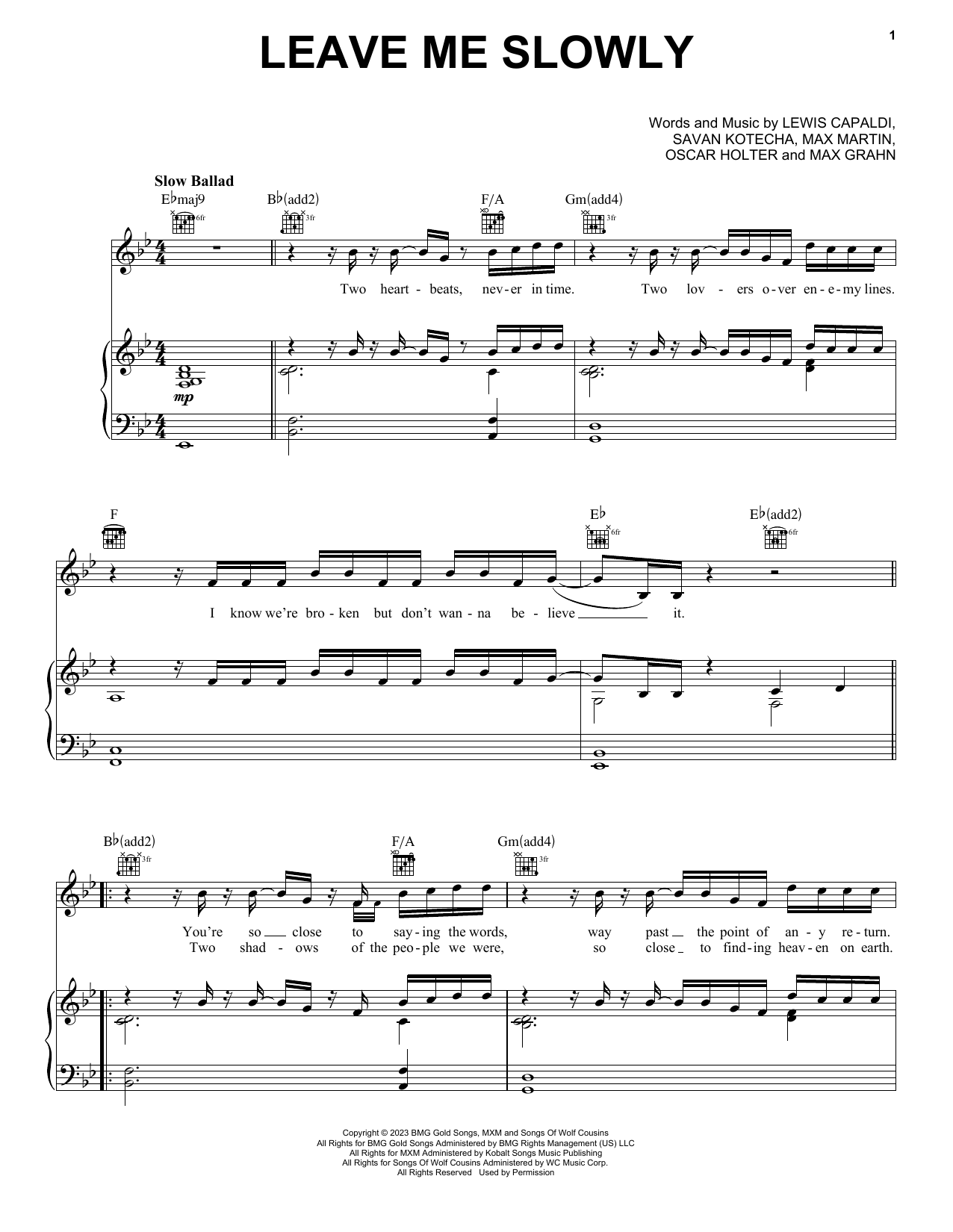 Lewis Capaldi Leave Me Slowly Sheet Music Notes & Chords for Piano, Vocal & Guitar Chords (Right-Hand Melody) - Download or Print PDF