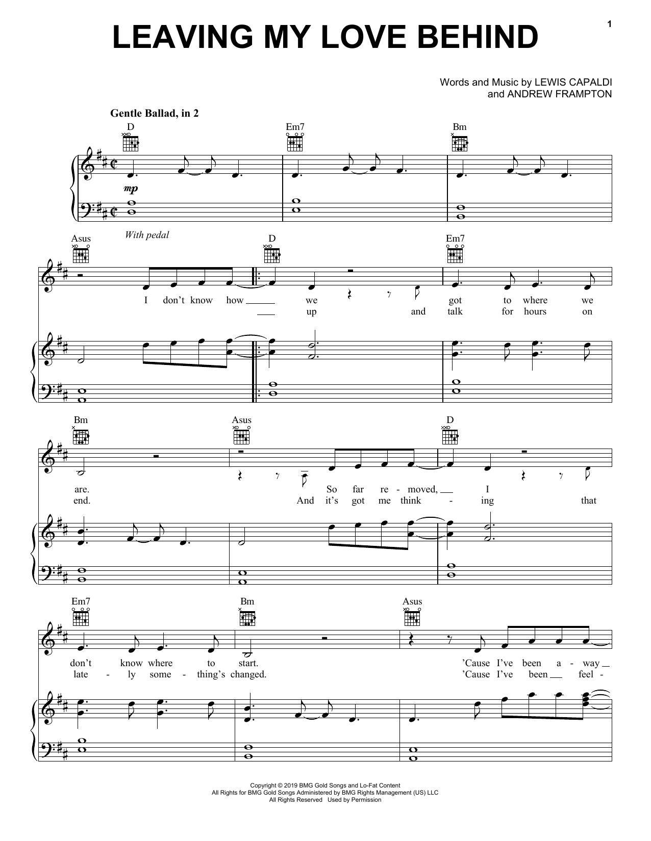 Lewis Capaldi Leaving My Love Behind Sheet Music Notes & Chords for Piano, Vocal & Guitar (Right-Hand Melody) - Download or Print PDF