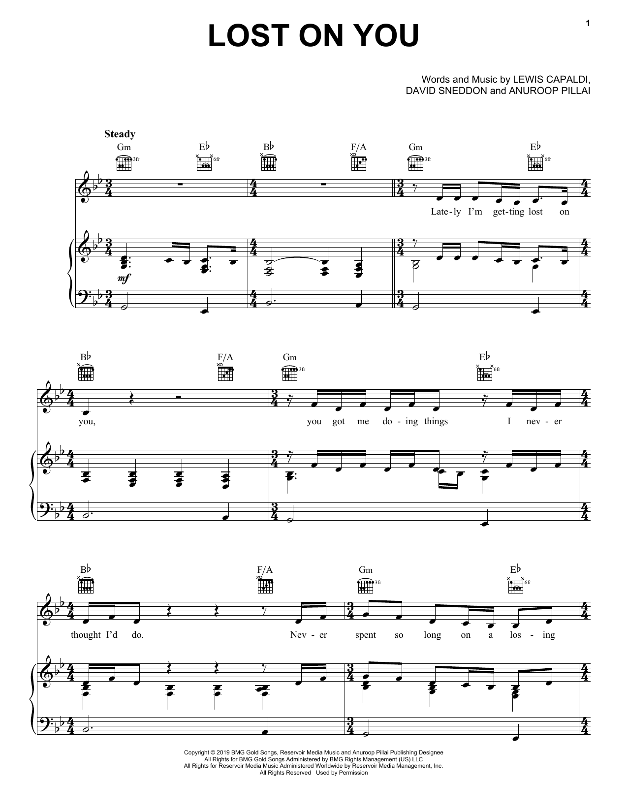 Lewis Capaldi Lost On You Sheet Music Notes & Chords for Piano, Vocal & Guitar (Right-Hand Melody) - Download or Print PDF