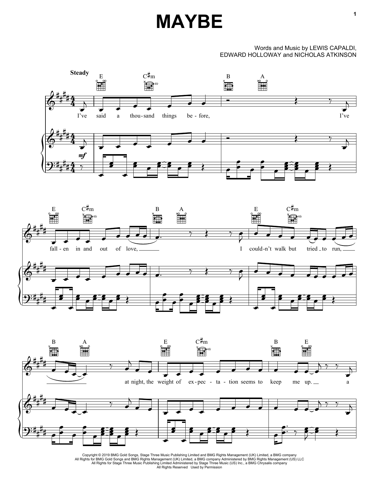 Lewis Capaldi Maybe Sheet Music Notes & Chords for Piano, Vocal & Guitar (Right-Hand Melody) - Download or Print PDF