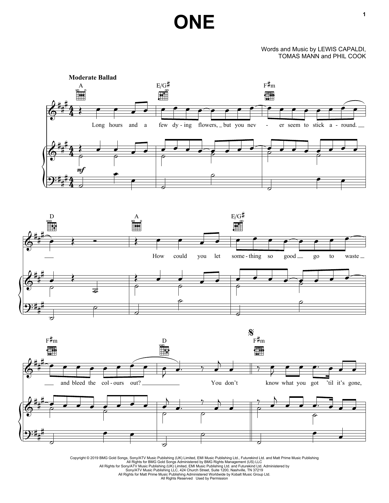 Lewis Capaldi One Sheet Music Notes & Chords for Piano, Vocal & Guitar (Right-Hand Melody) - Download or Print PDF